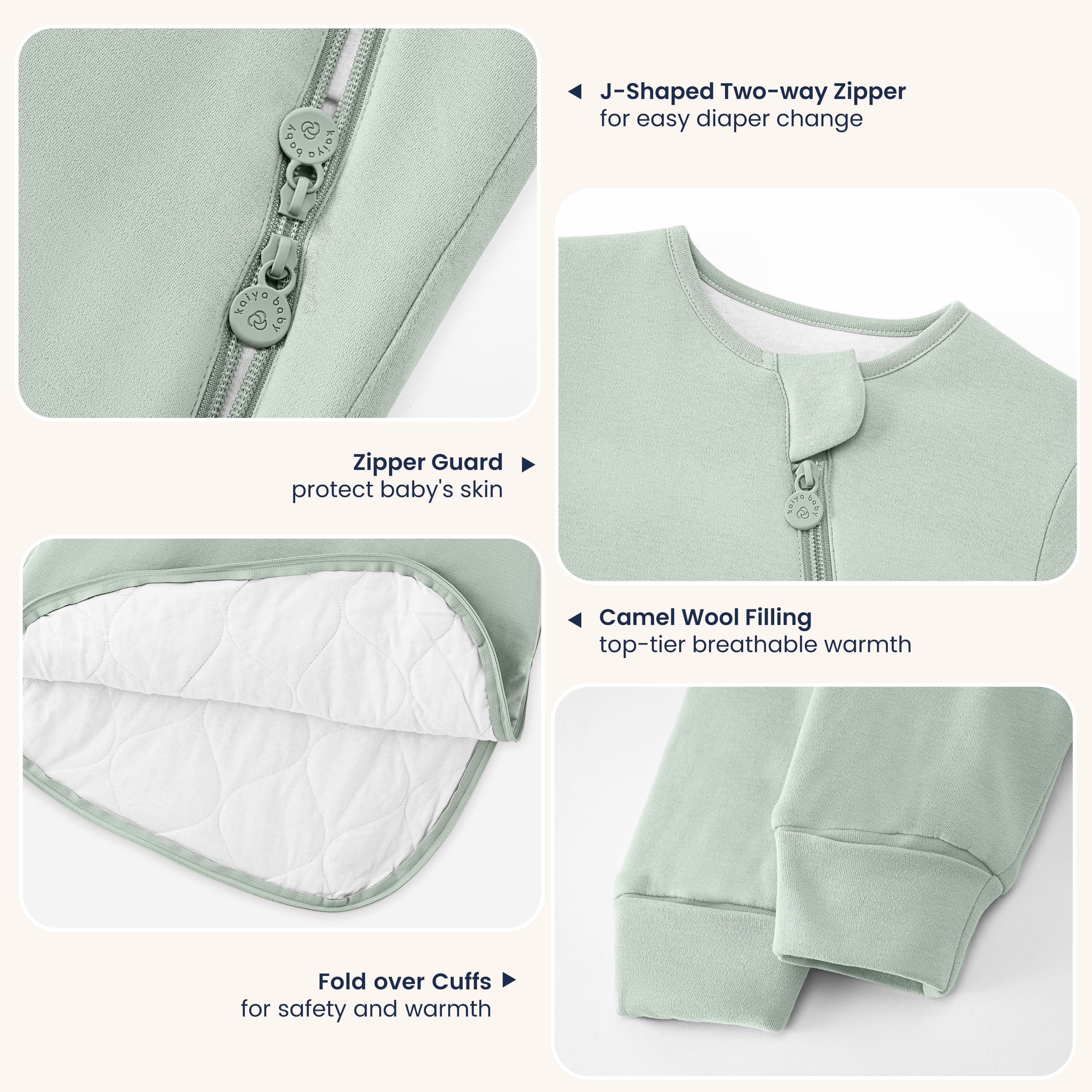 Winter Long Sleeve Sleep Sack 3.5 TOG - Organic Cotton & Camel Wool - Pea Green - detail