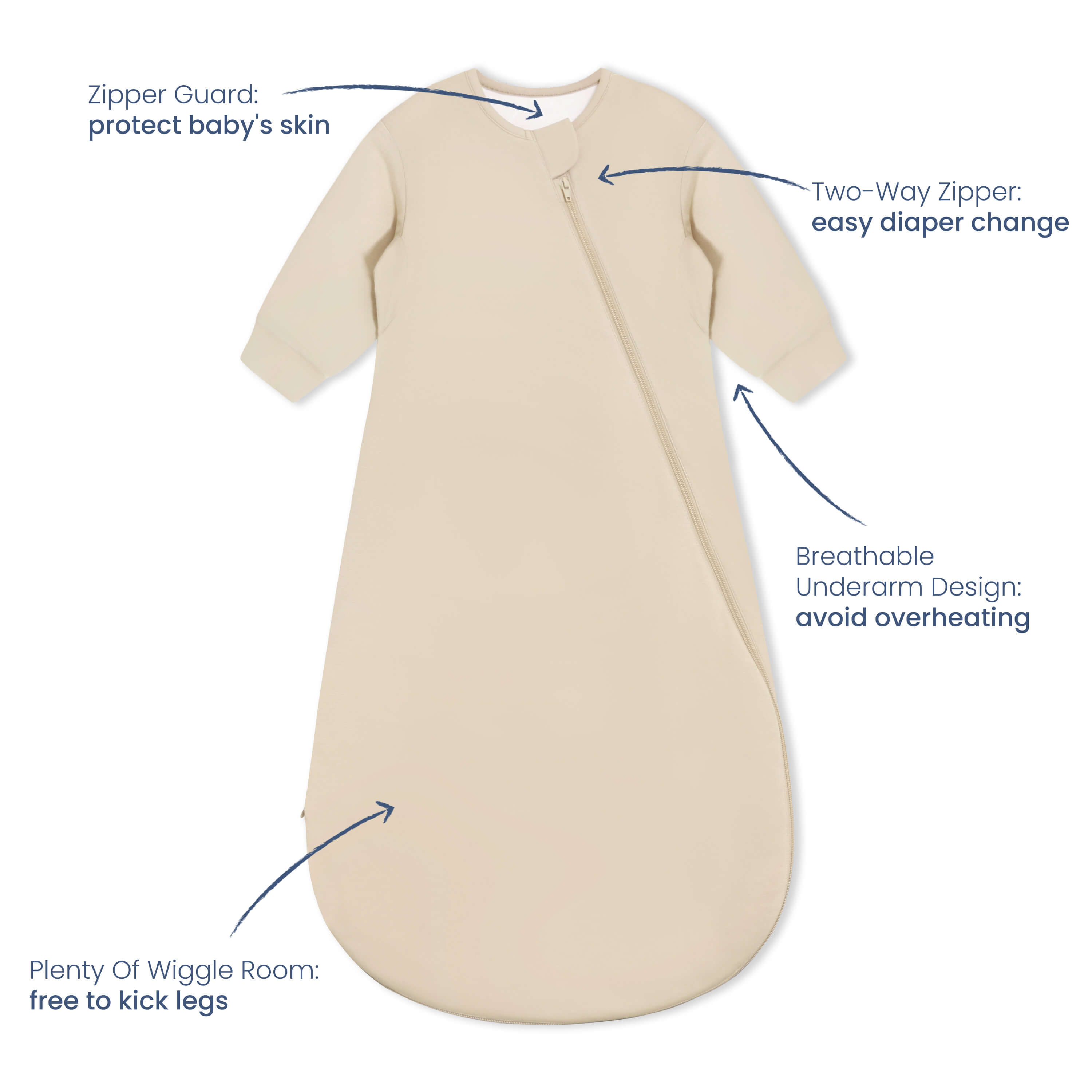 Warm Long Sleeve Sleep Sack 2.5 TOG - Organic Cotton & Camel Wool - Beige