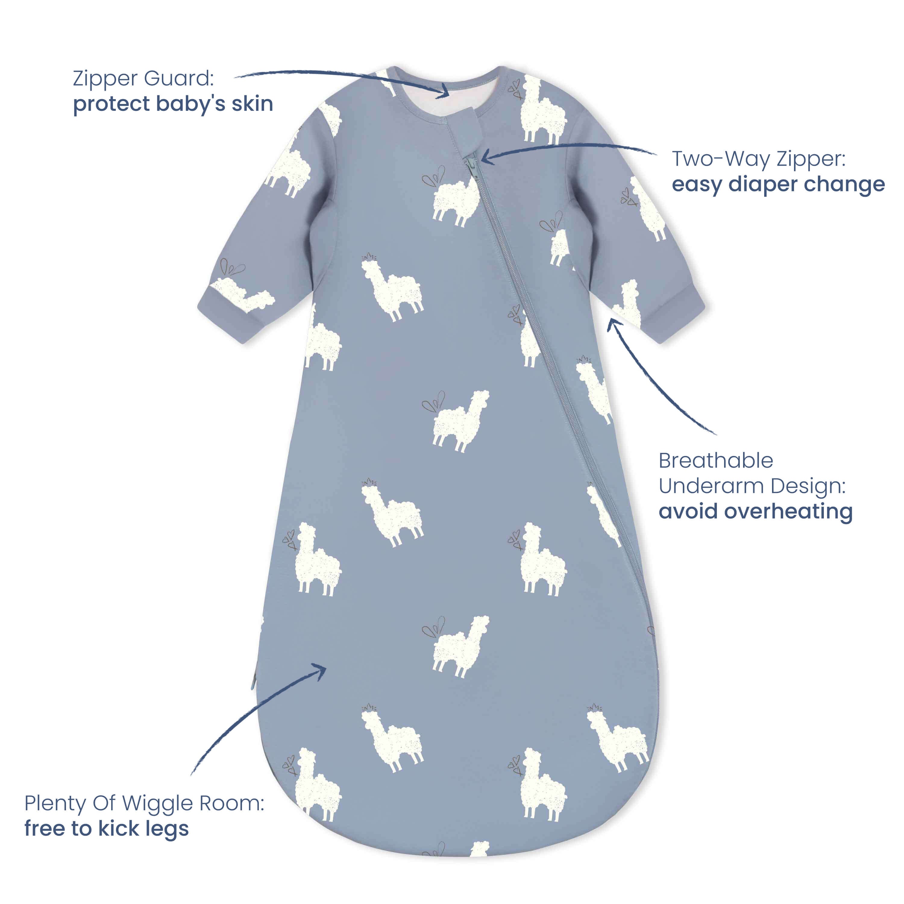 All Season Long Sleeve Sleep Sack 1.0 TOG - Organic Cotton & Camel Wool - Camel Blue Feature