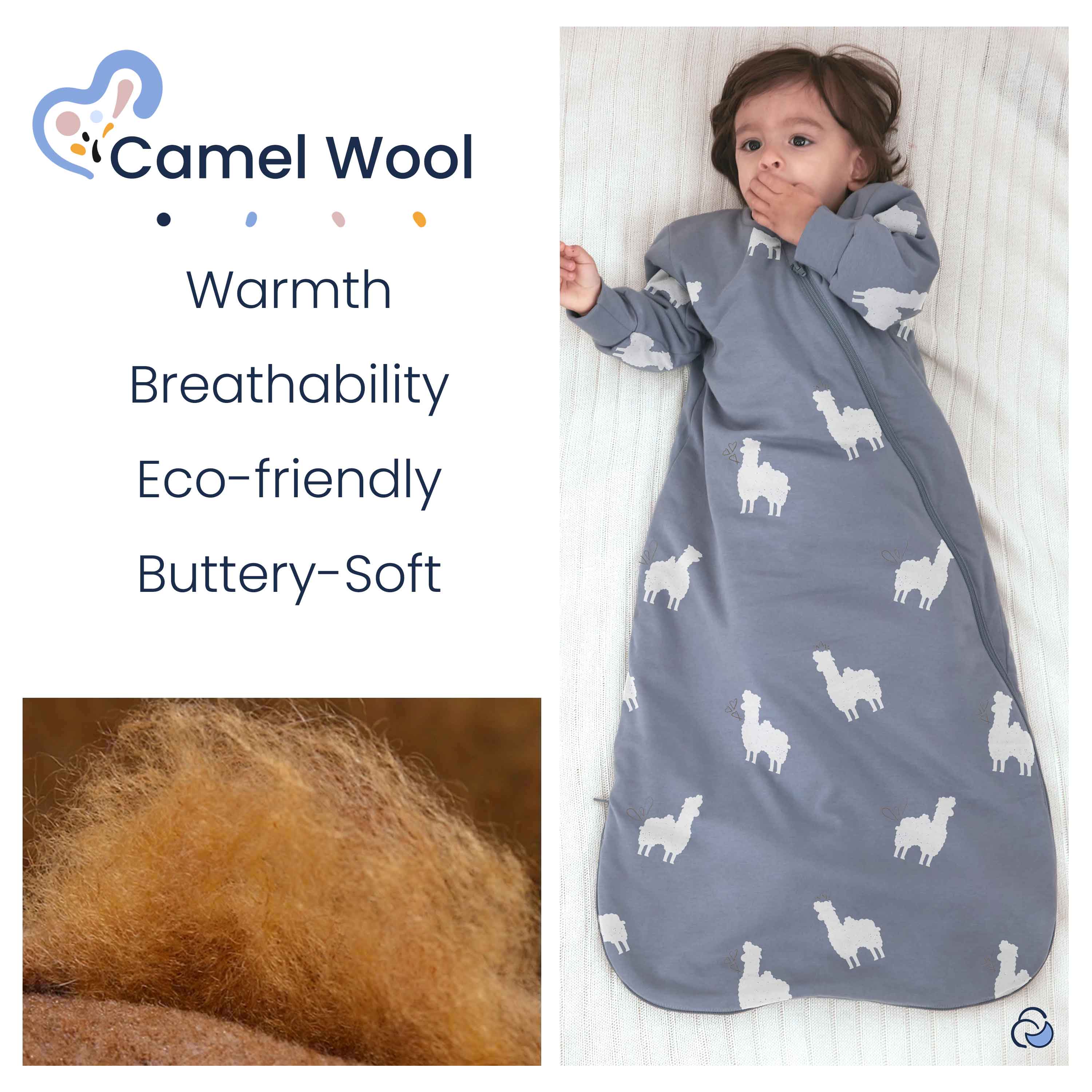All Season Long Sleeve Sleep Sack 1.0 TOG - Organic Cotton & Camel Wool - Camel Blue Camel wool filling
