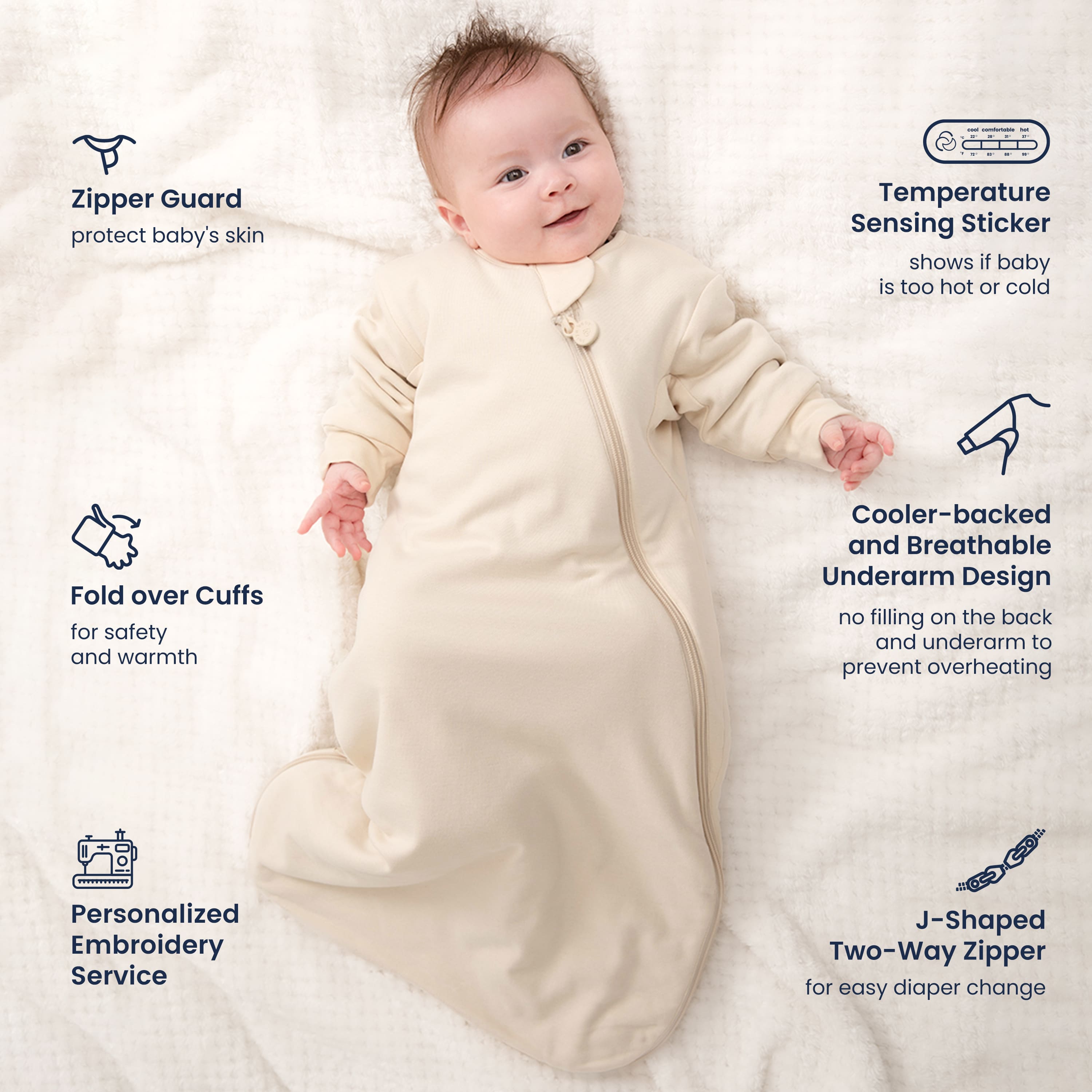 All Season Long Sleeve Sleep Sack 1.0 TOG - Organic Cotton & Camel Wool - Cream - Feature