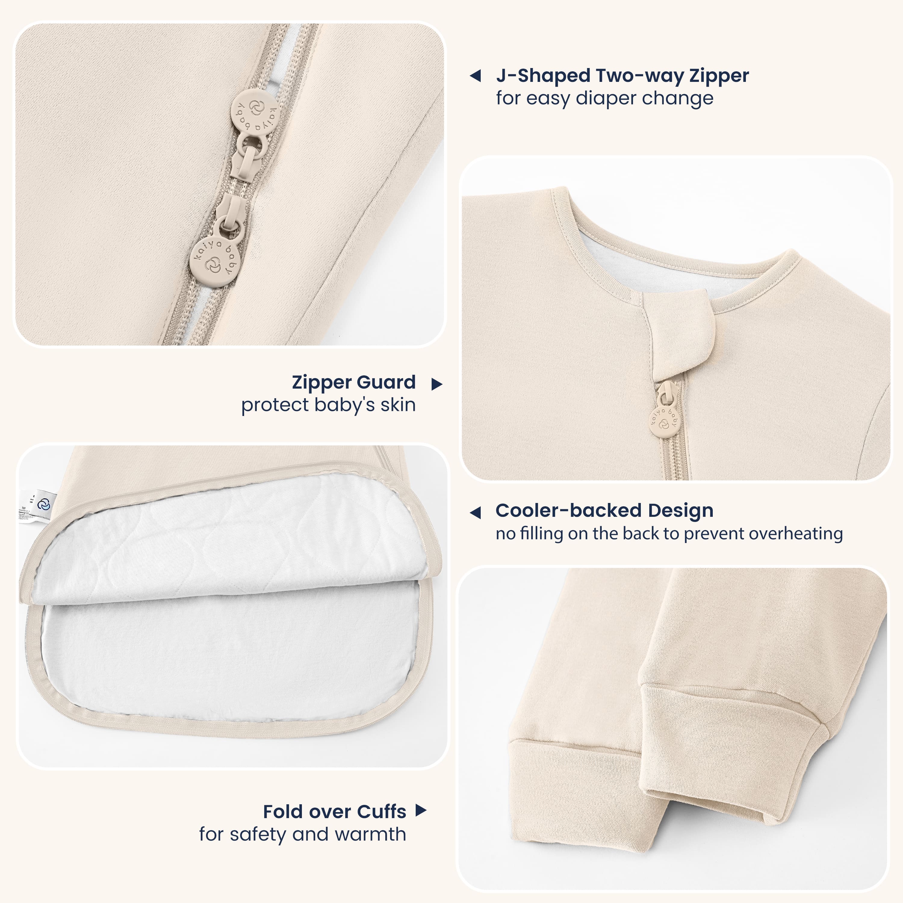 All Season Long Sleeve Sleep Sack 1.0 TOG - Organic Cotton & Camel Wool - Cream Detail
