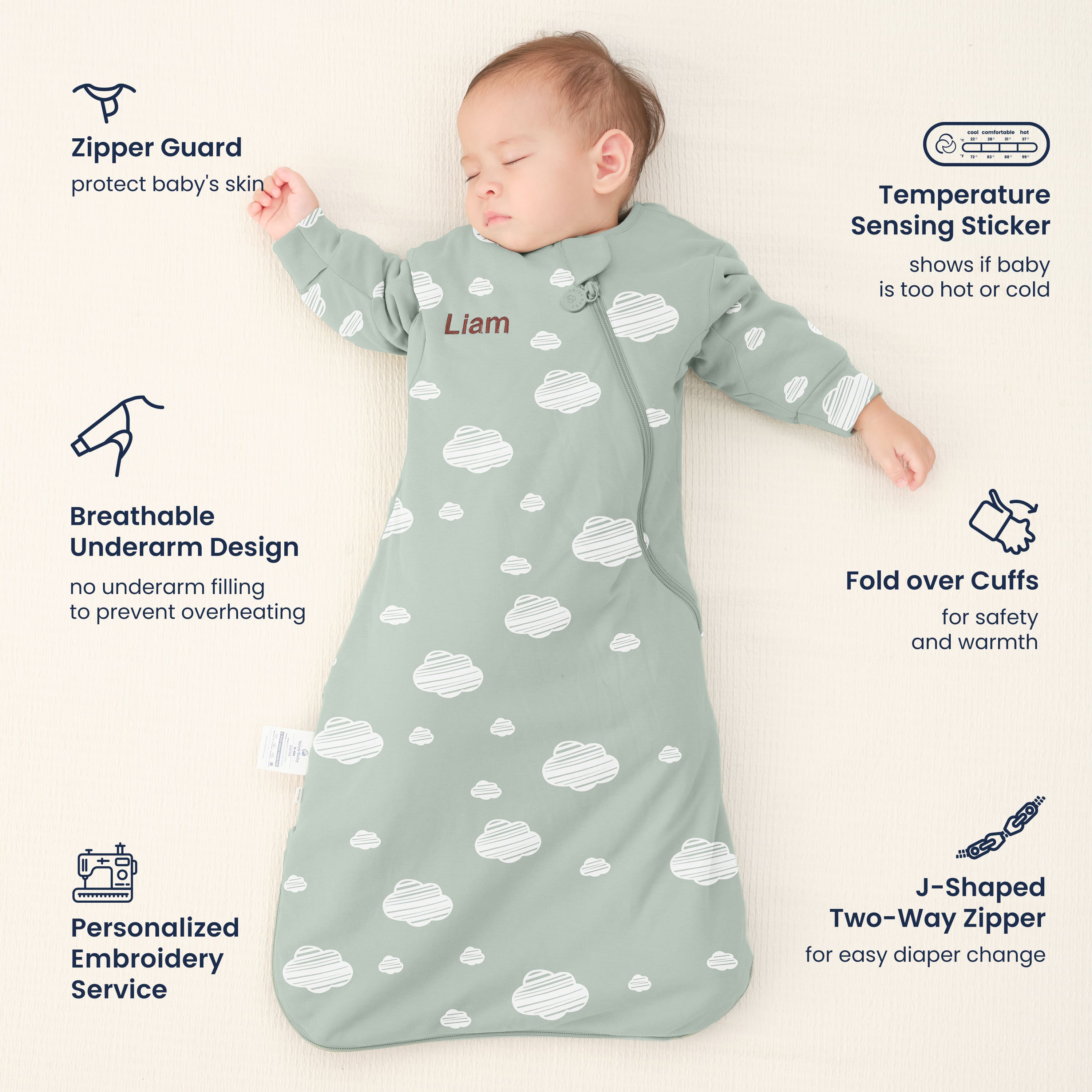 All Season Long Sleeve Sleep Sack 1.0 TOG - Organic Cotton & Camel Wool - Green Sky Feature