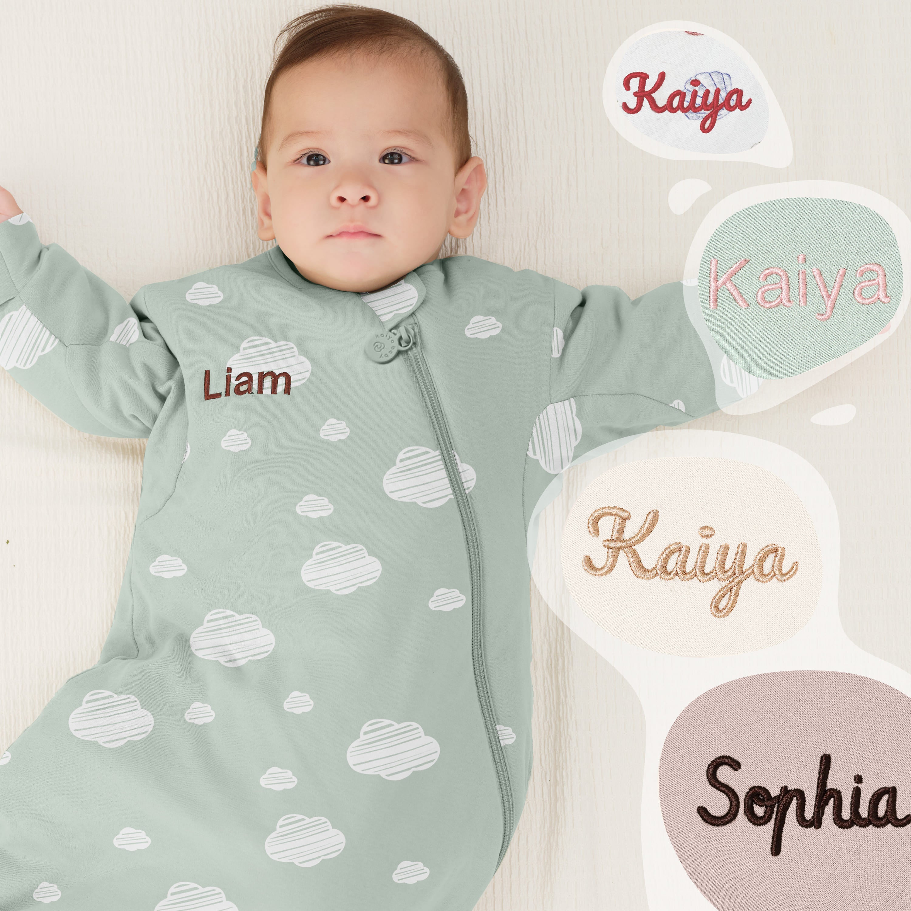 All Season Long Sleeve Sleep Sack 1.0 TOG - Organic Cotton & Camel Wool - Green Sky Embroidery
