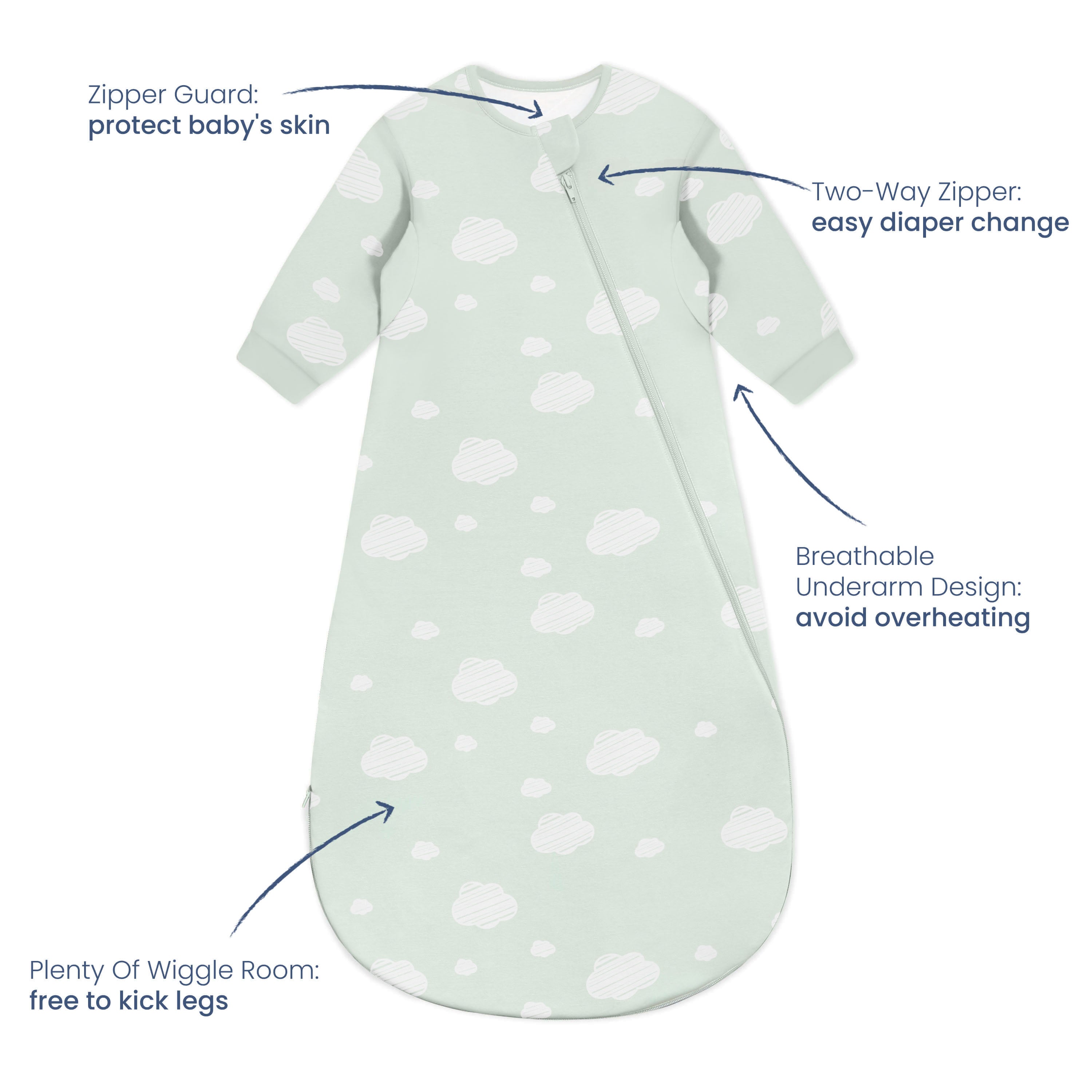 Organic Cotton & Camel Wool Long Sleeve Sleeping Bag 1.0 TOG - Green Sky