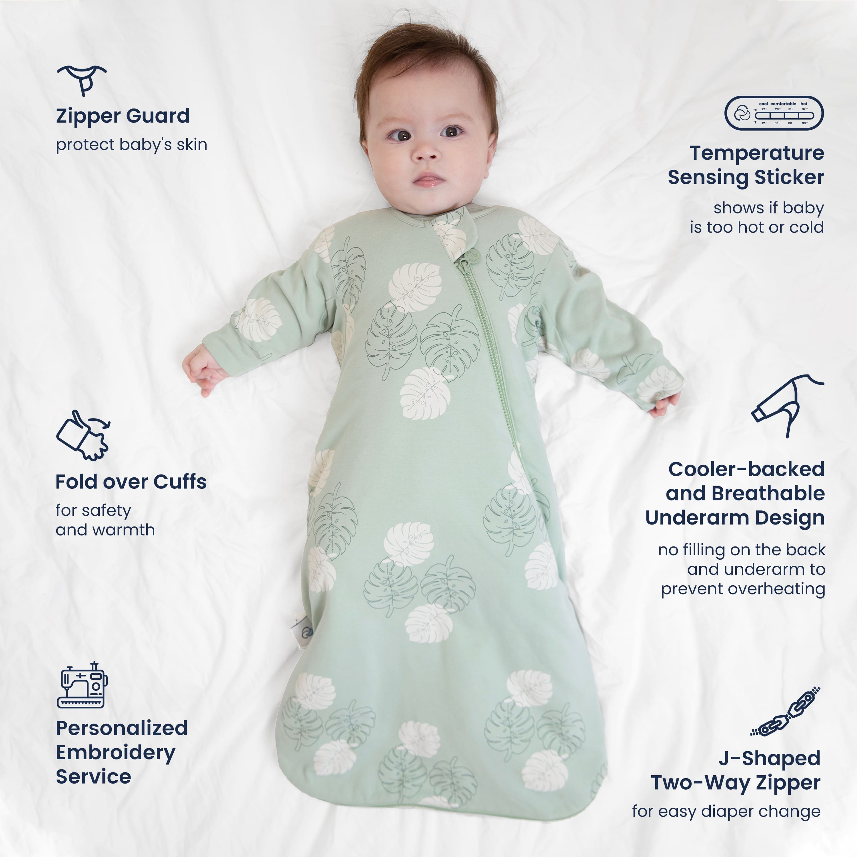 All Season Long Sleeve Sleep Sack 1.0 TOG - Organic Cotton & Camel Wool - Monstera Feature