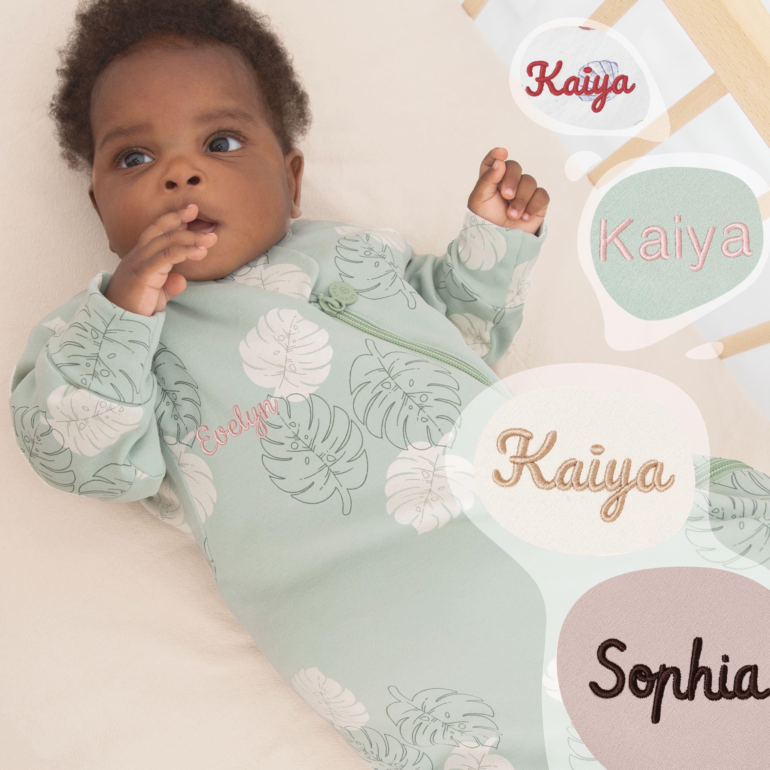 All Season Long Sleeve Sleep Sack 1.0 TOG - Organic Cotton & Camel Wool - Monstera Embroidery