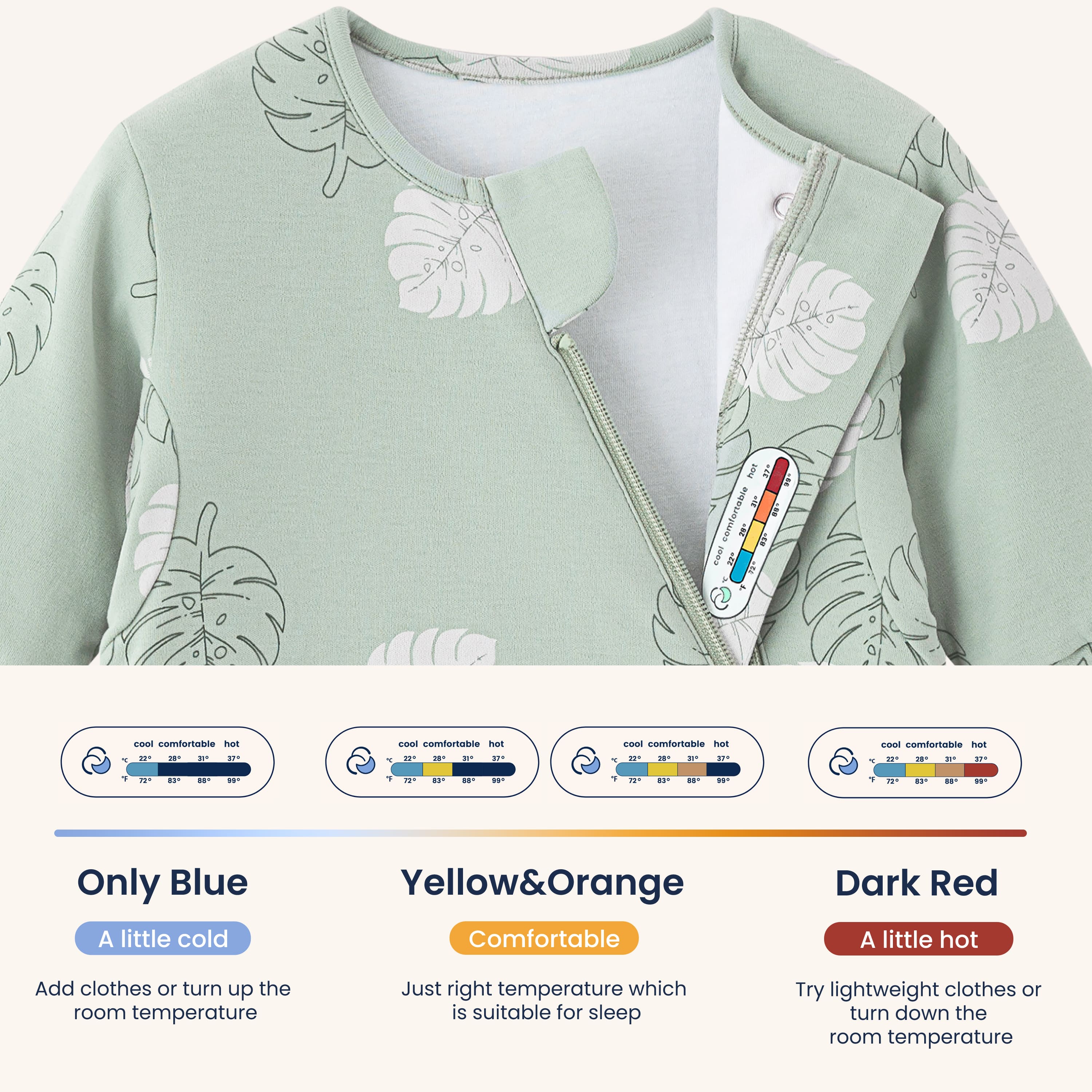 All Season Long Sleeve Sleep Sack 1.0 TOG - Organic Cotton & Camel Wool - Monstera Sticker