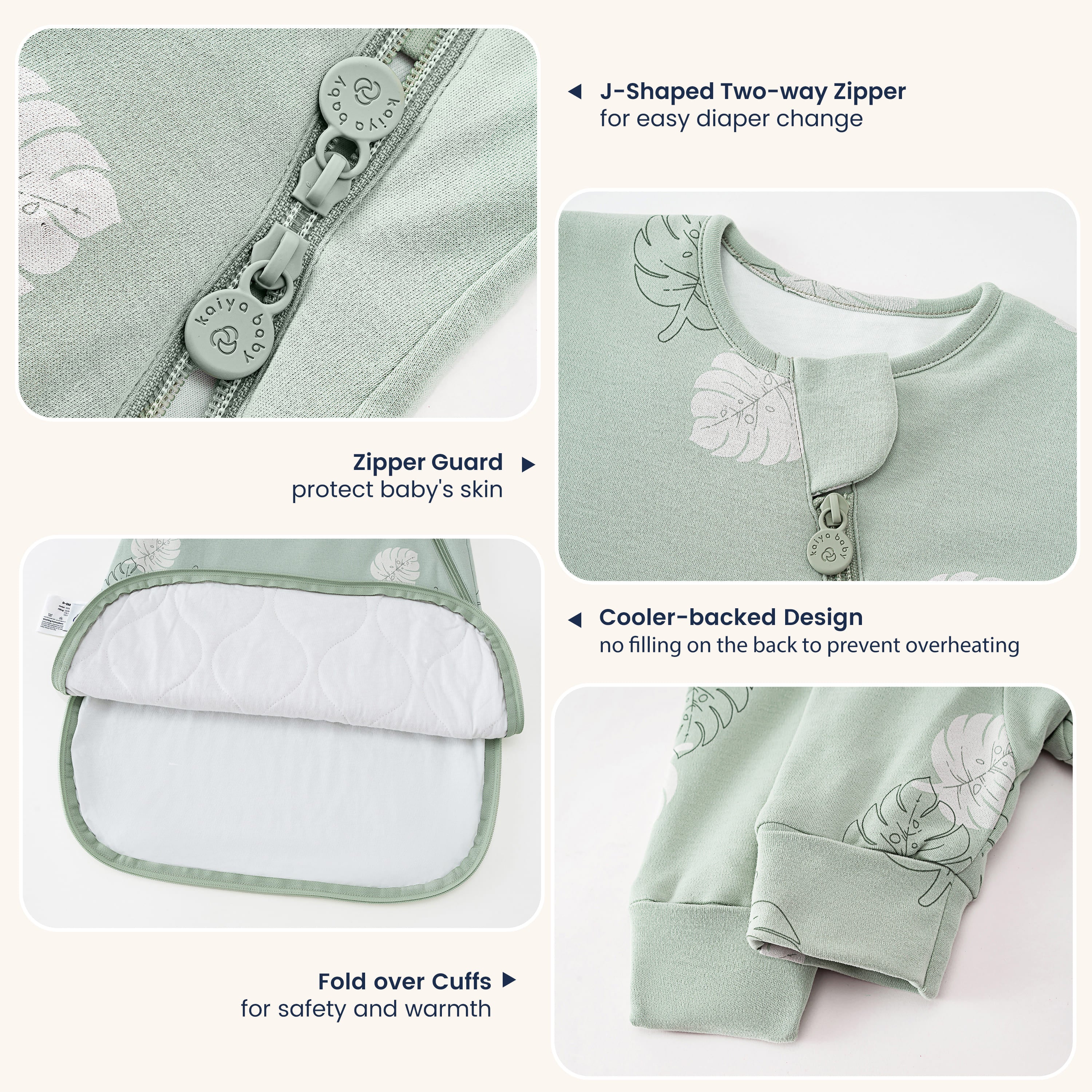 All Season Long Sleeve Sleep Sack 1.0 TOG - Organic Cotton & Camel Wool - Monstera Detail