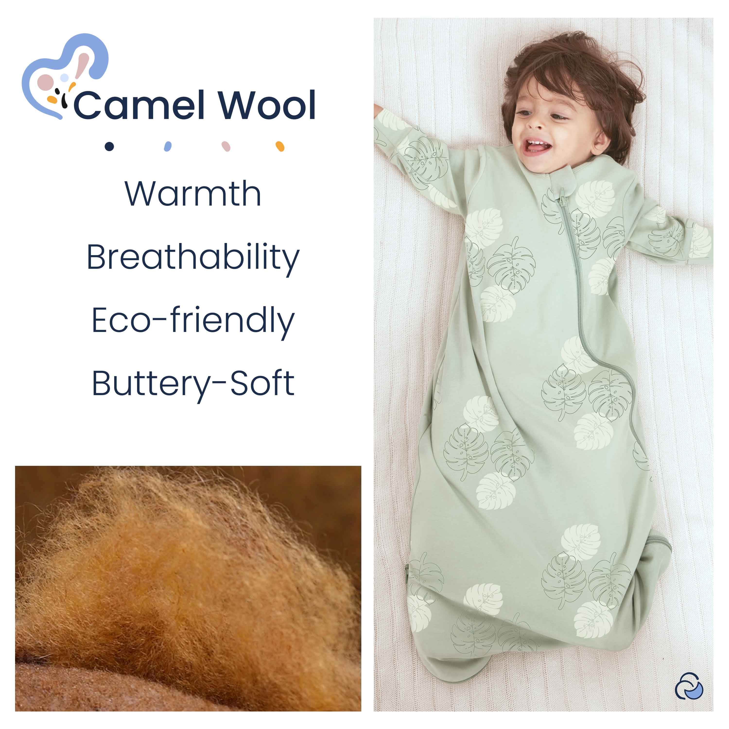 Warm Long Sleeve Sleep Sack 2.5 TOG - Organic Cotton & Camel Wool - Monstera
