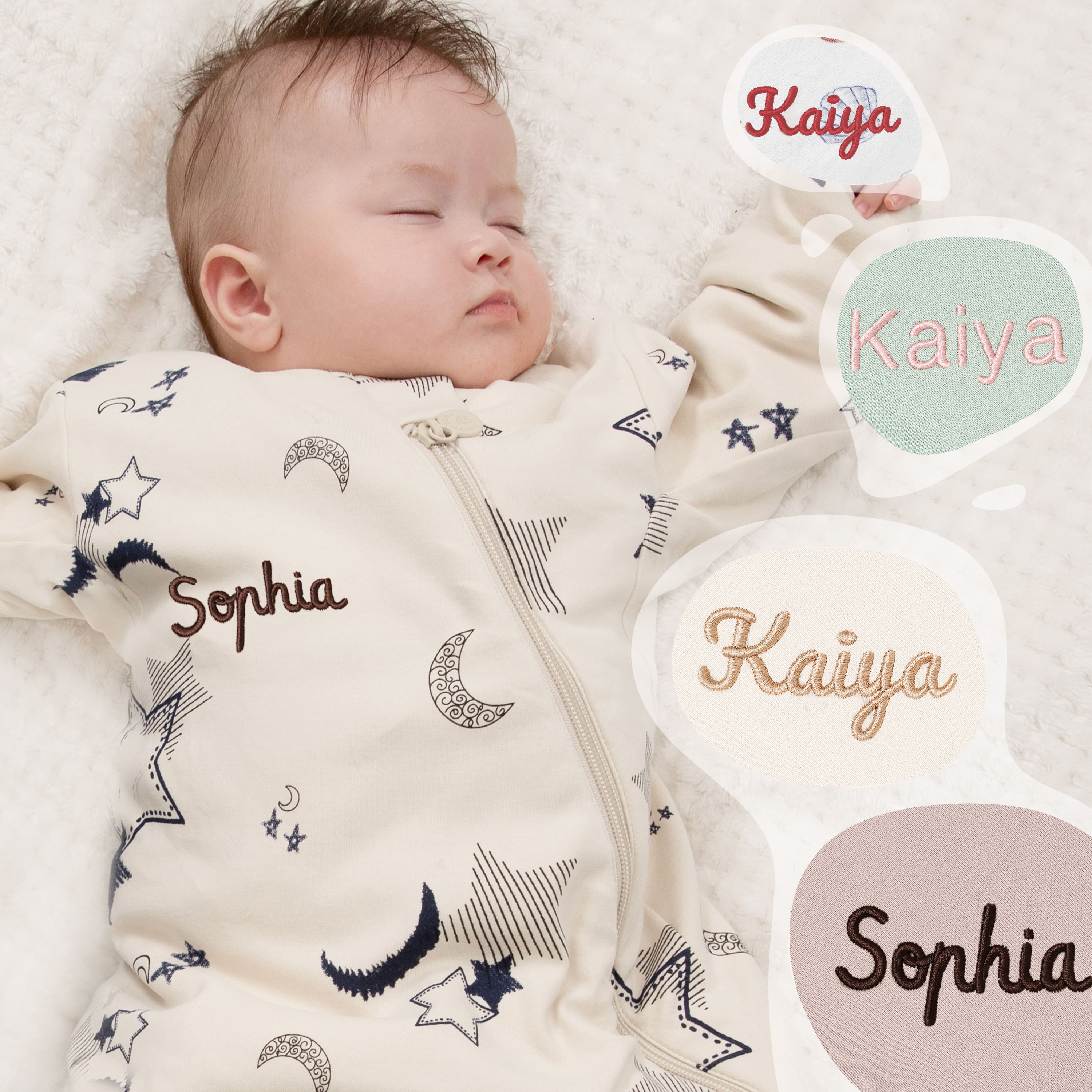 All Season Long Sleeve Sleep Sack 1.0 TOG - Organic Cotton & Camel Wool - Moonlit Embroidery