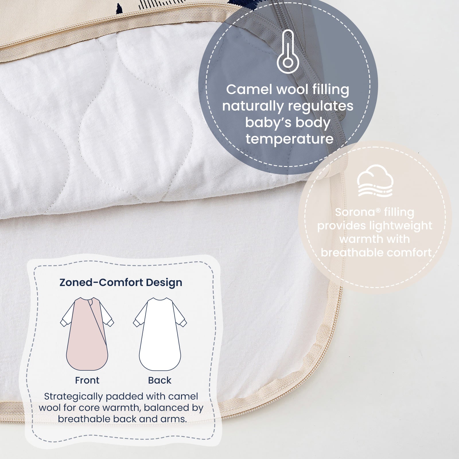 All Season Long Sleeve Sleep Sack 1.0 TOG - Organic Cotton & Camel Wool - Moonlit Filling