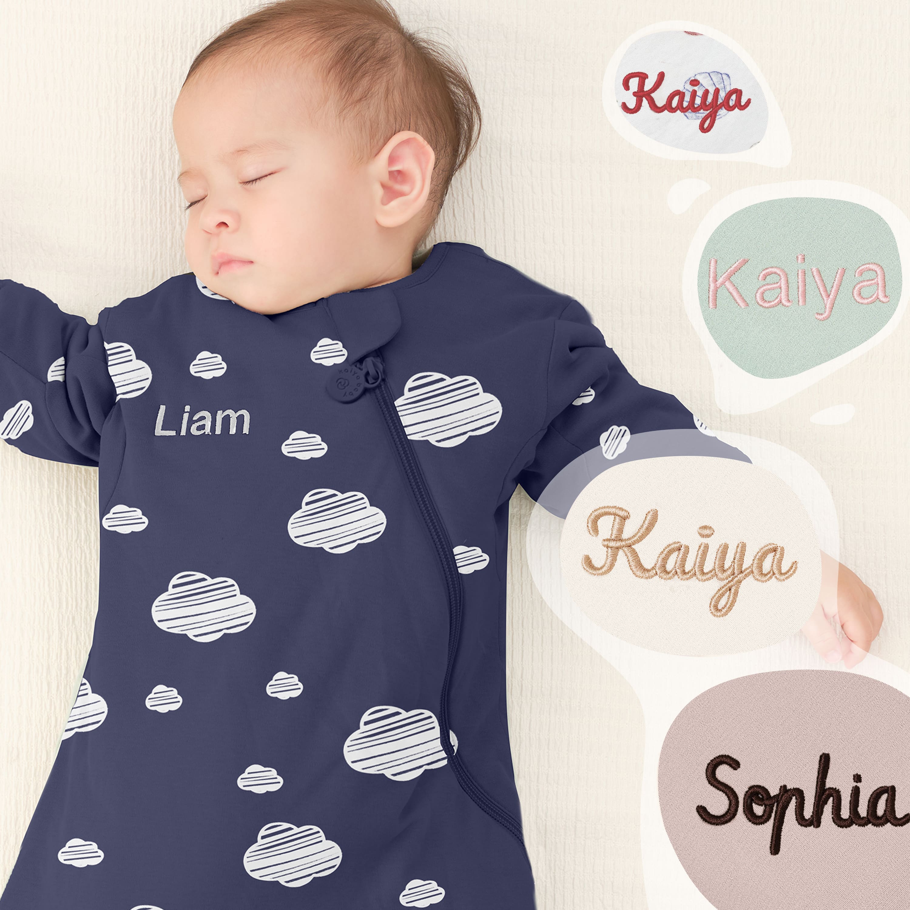 All Season Long Sleeve Sleep Sack 1.0 TOG - Organic Cotton & Camel Wool - Navy Sky Embroidery