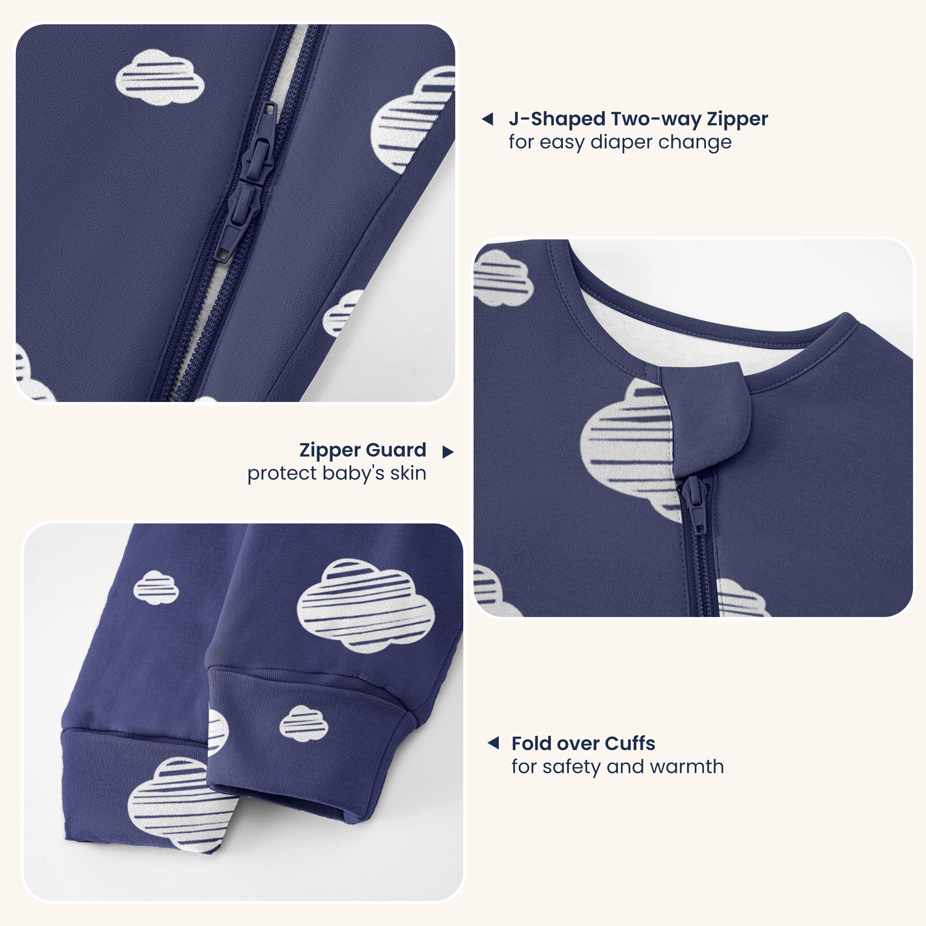 All Season Long Sleeve Sleep Sack 1.0 TOG - Organic Cotton & Camel Wool - Navy Sky Detail