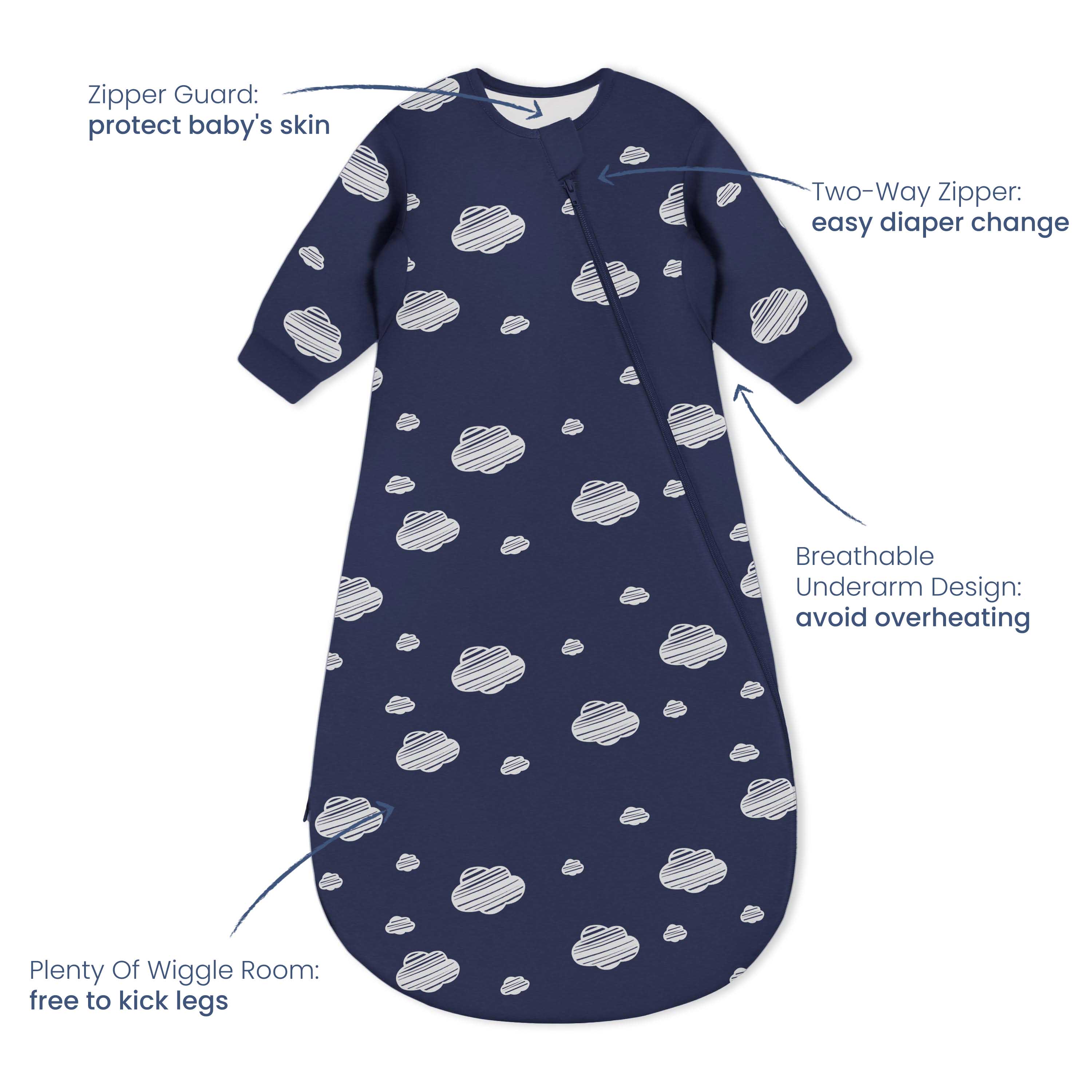 Warm Long Sleeve Sleep Sack 2.5 TOG - Organic Cotton & Camel Wool - Navy Sky