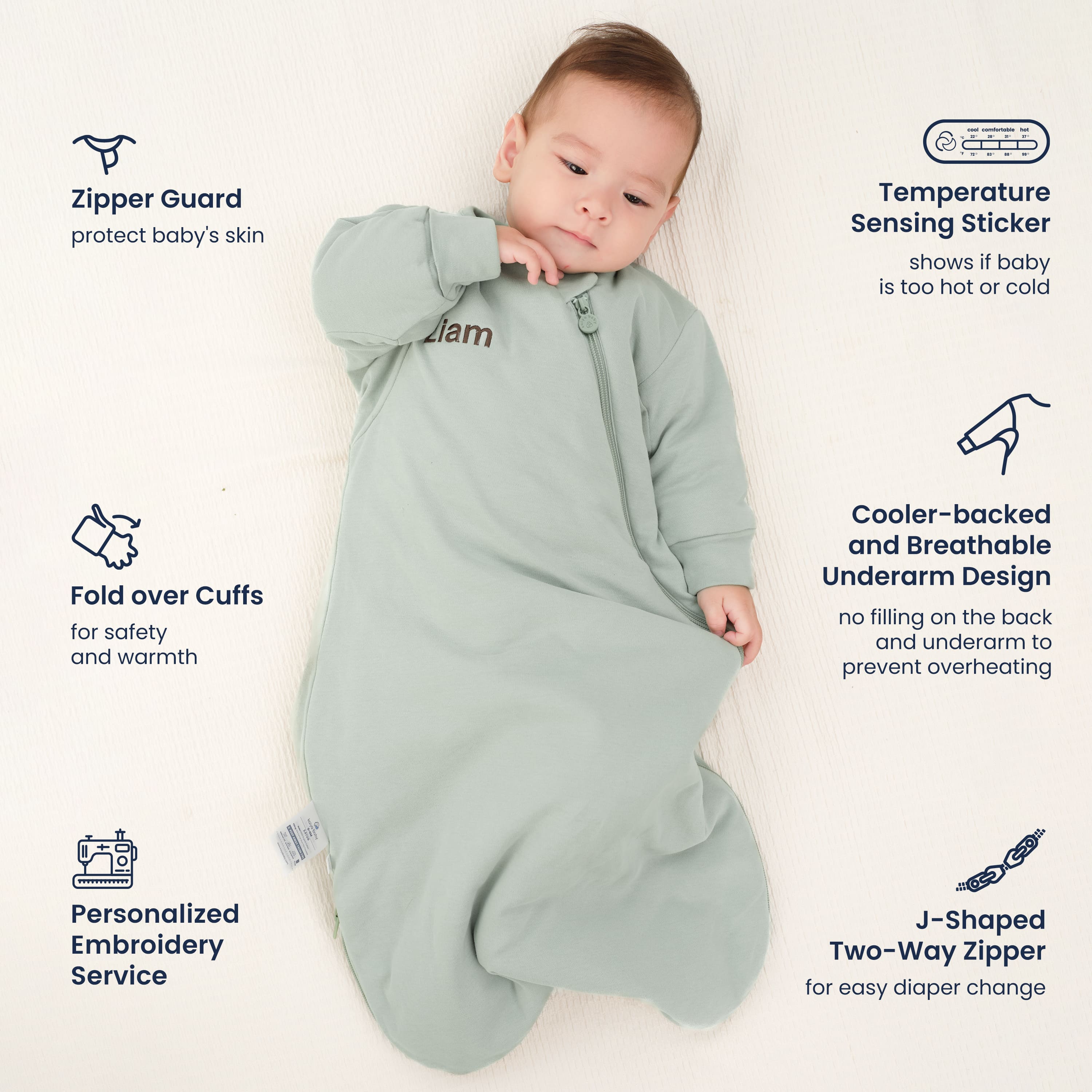 All Season Long Sleeve Sleep Sack 1.0 TOG - Organic Cotton & Camel Wool - Pea Green Feature