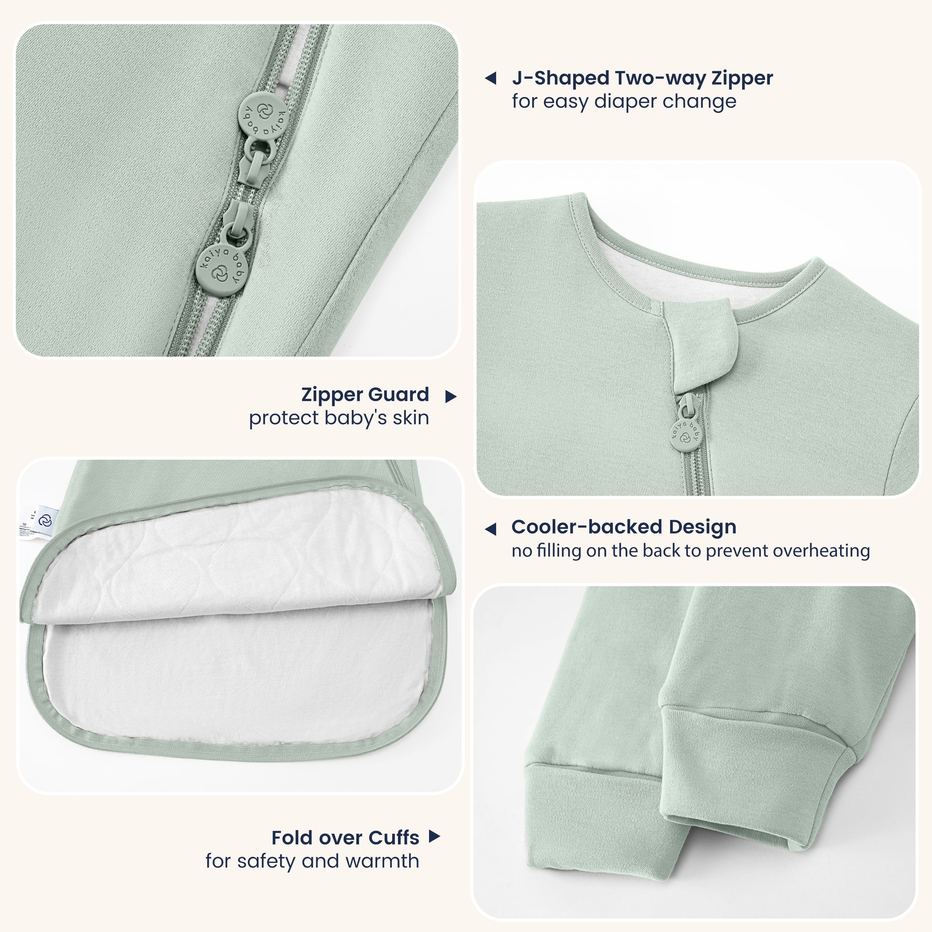 All Season Long Sleeve Sleep Sack 1.0 TOG - Organic Cotton & Camel Wool - Pea Green - Detail