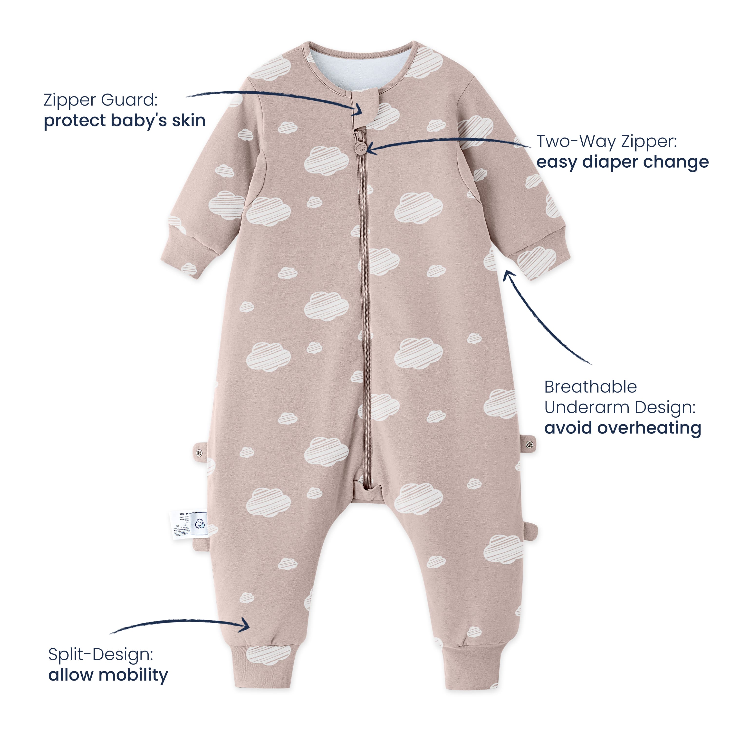 Organic Cotton & Camel Wool Warm Long Sleeve Sleep Sack Walker 2.5 TOG - Pink Sky Feature