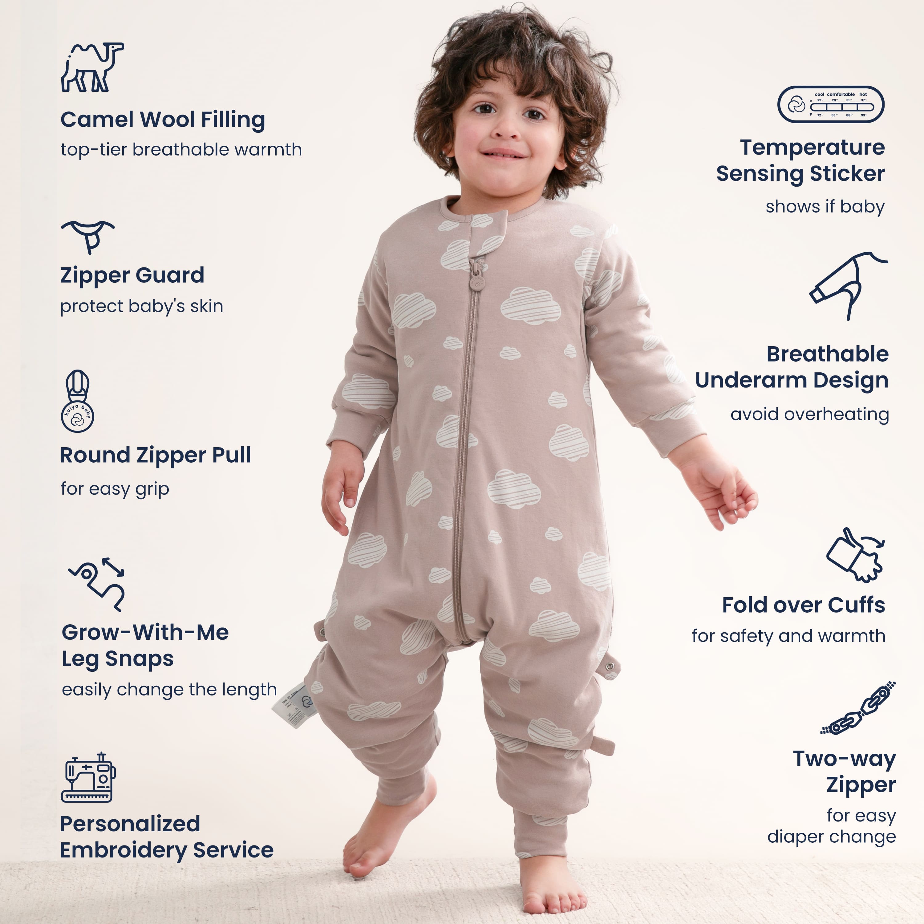 Warm Long Sleeve Sleep Sack Walker 2.5 TOG - Organic Cotton & Camel Wool - Pink Sky feature