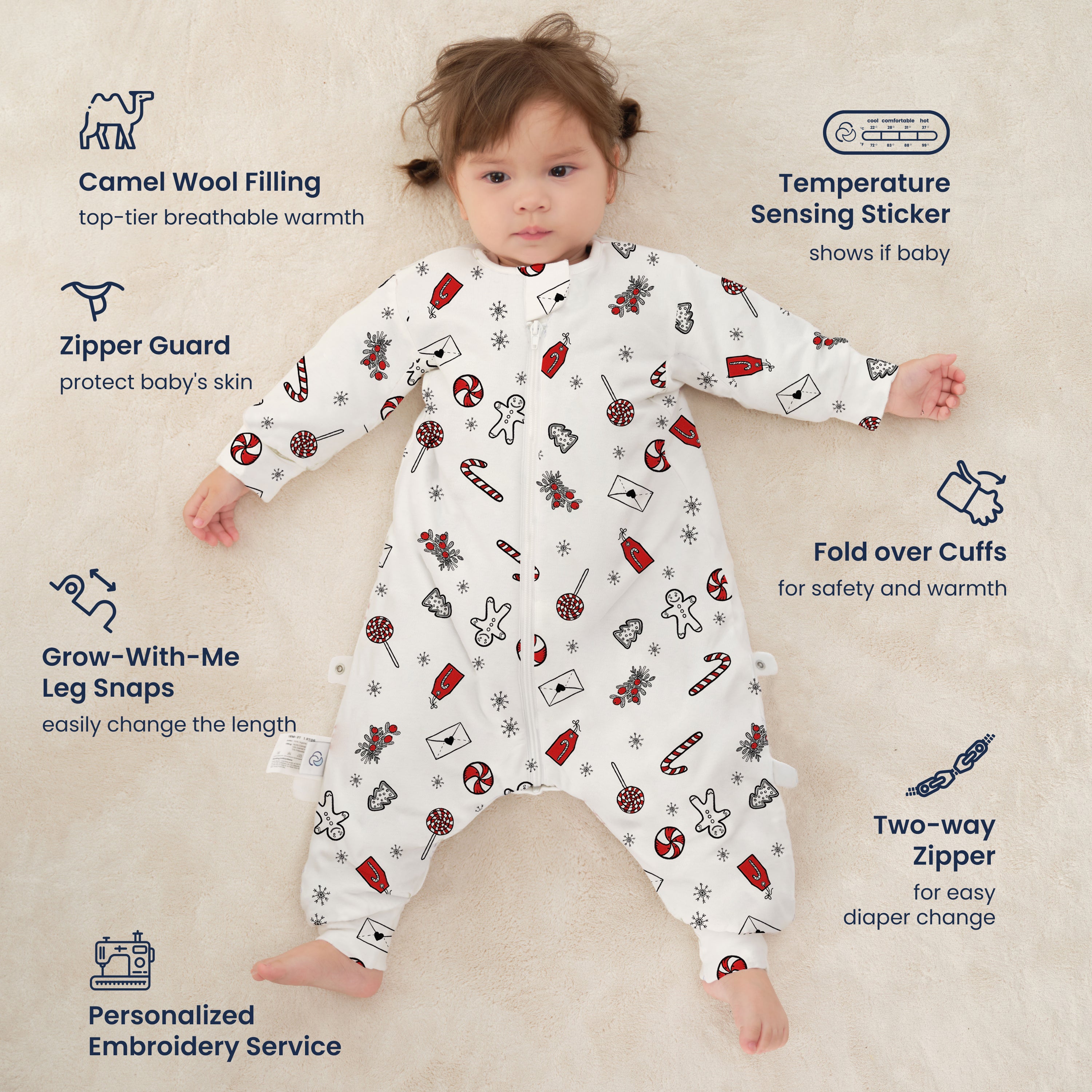 Warm Long Sleeve Sleep Sack Walker 2.5 TOG - Organic Cotton & Camel Wool - Sweet Holiday feature