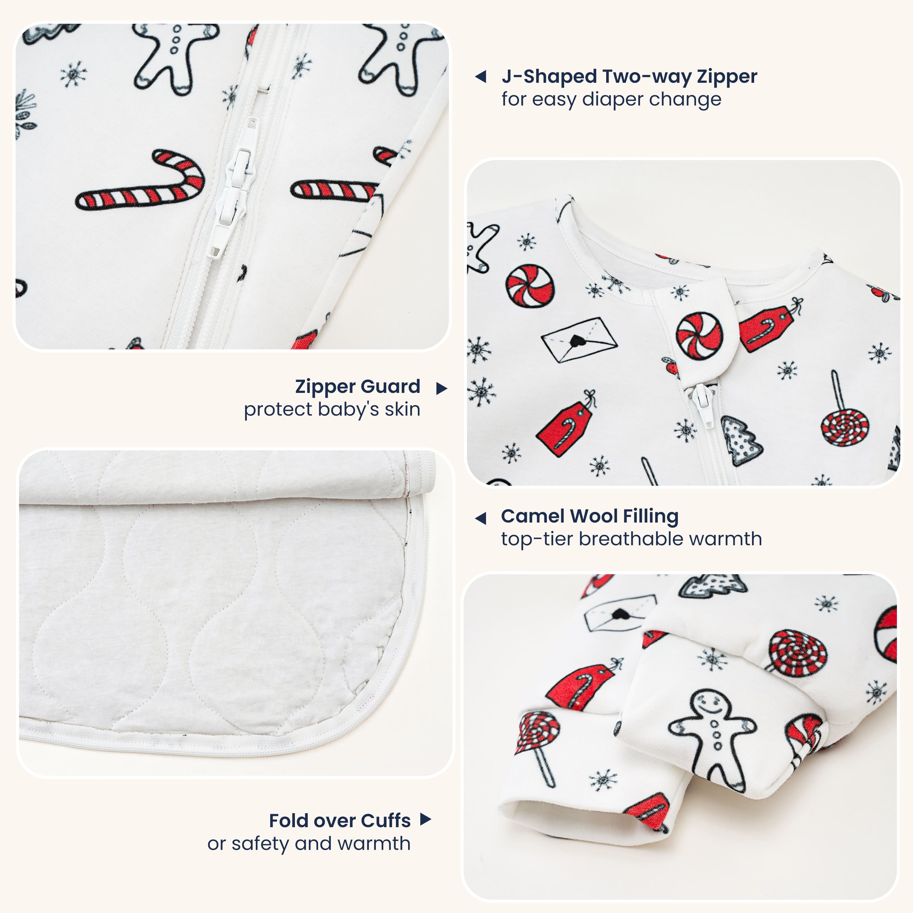 Organic Cotton & Camel Wool Warm Long Sleeve Sleep Sack Walker 2.5 TOG - Sweet Holiday Detail