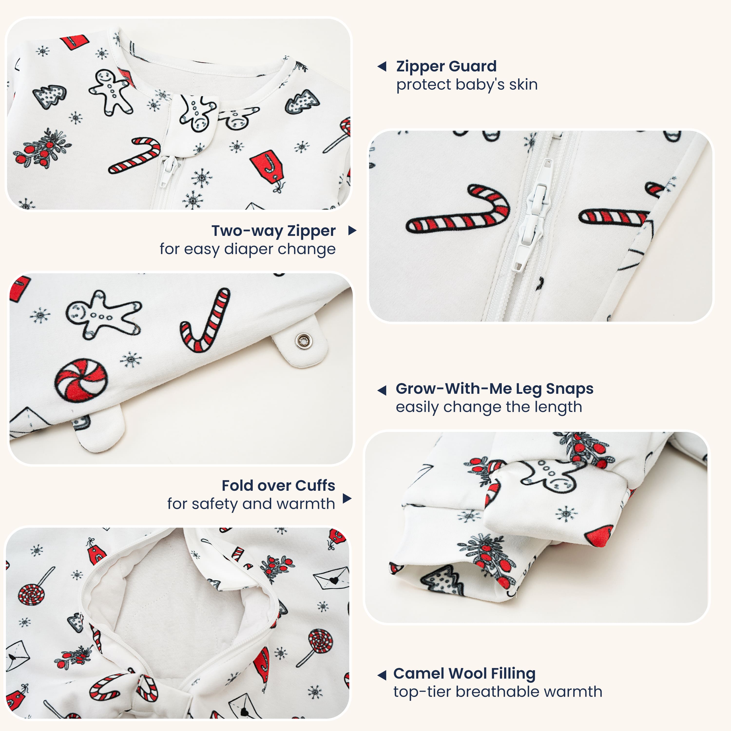 Warm Long Sleeve Sleep Sack Walker 2.5 TOG - Organic Cotton & Camel Wool - Sweet Holiday detail