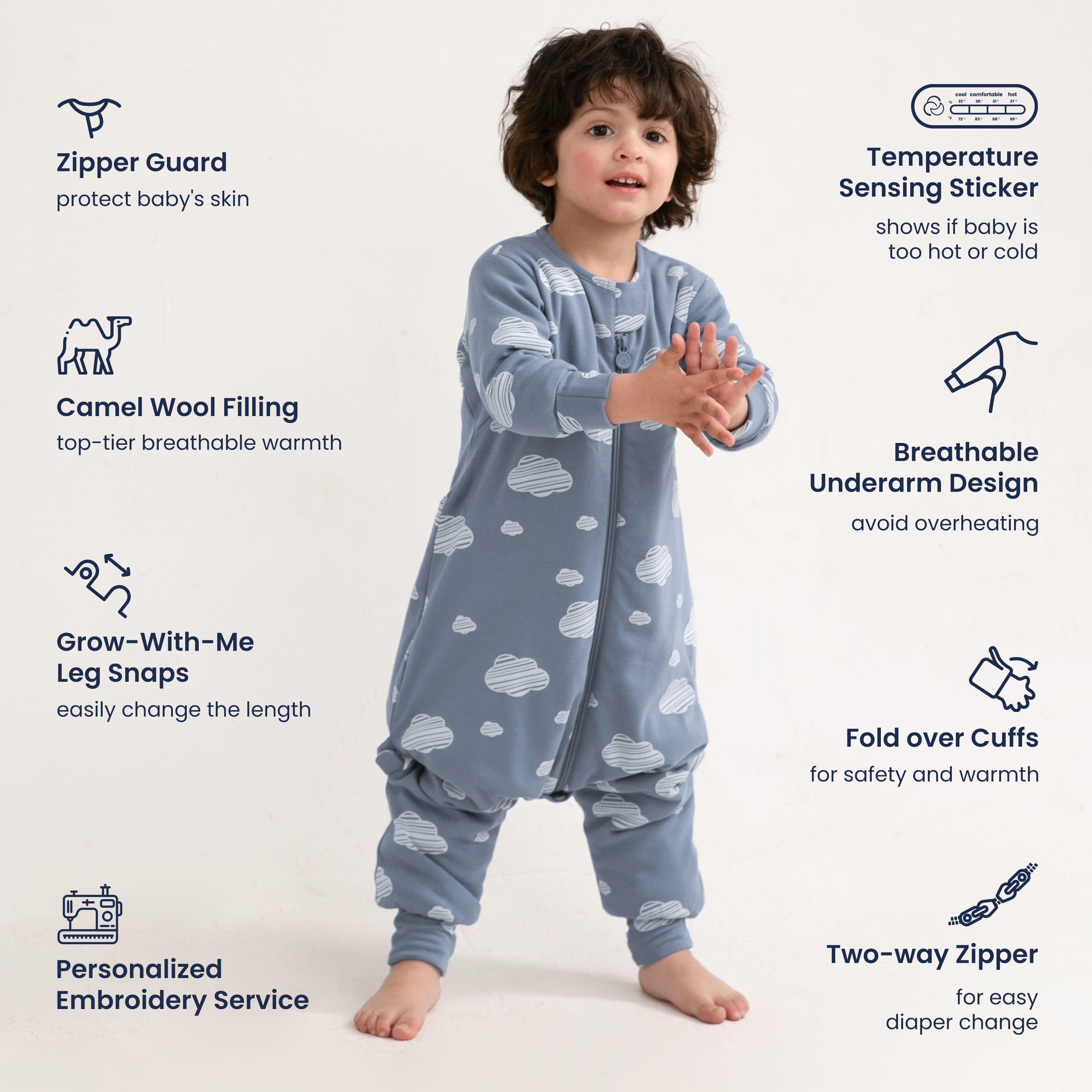 Warm Long Sleeve Sleep Sack Walker 2.5 TOG - Organic Cotton & Camel Wool - Blue Sky - feature