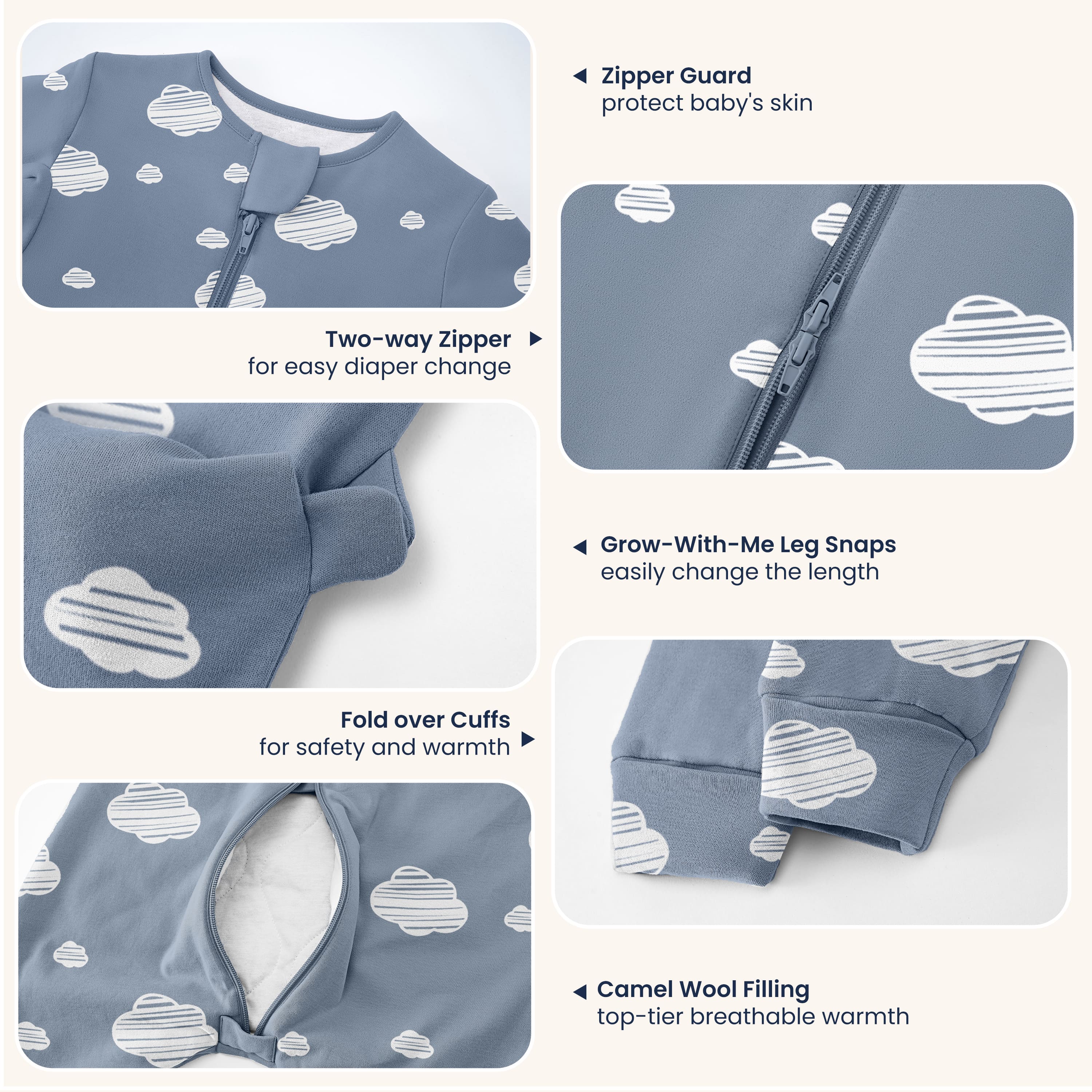 Warm Long Sleeve Sleep Sack Walker 2.5 TOG - Organic Cotton & Camel Wool - Blue Sky - Detail