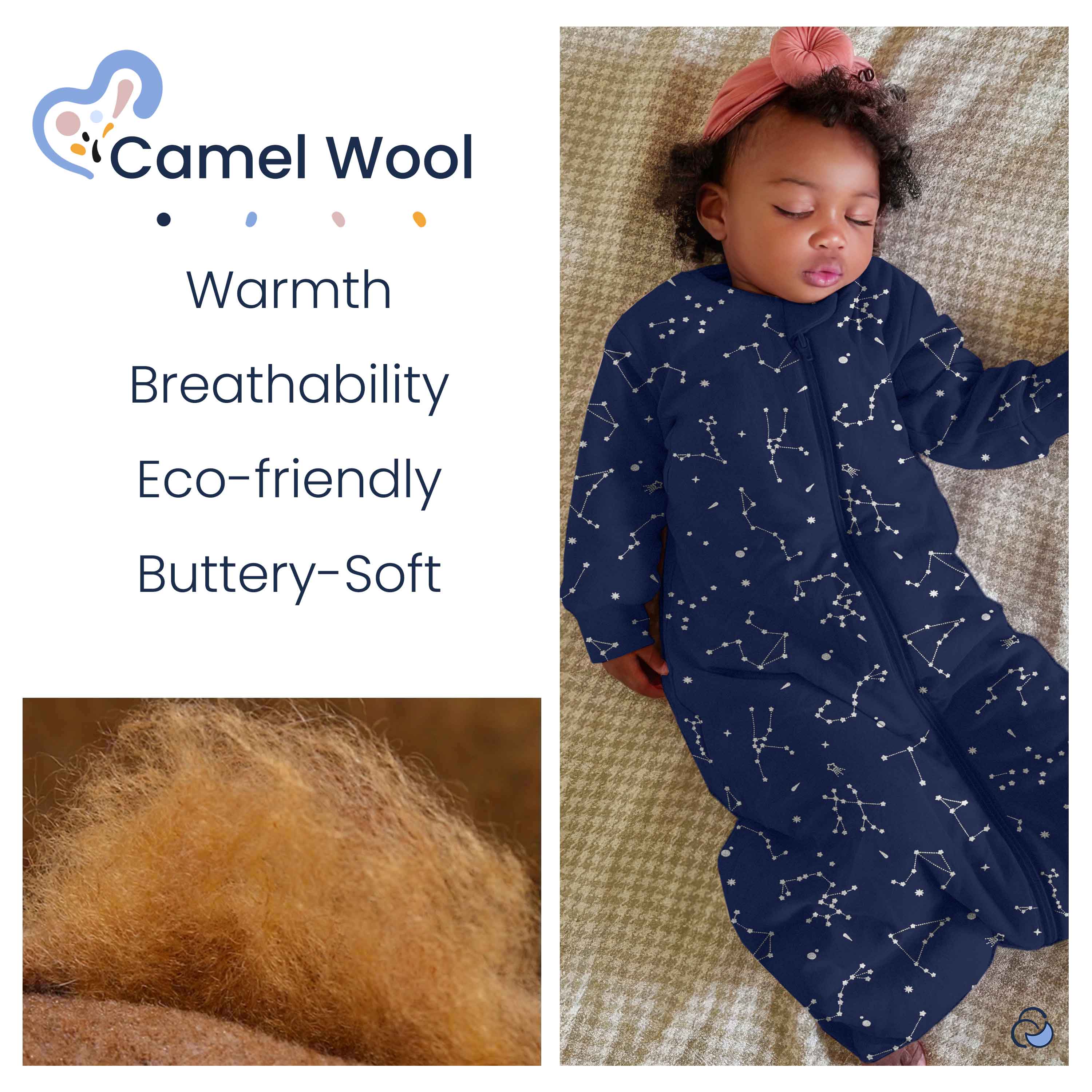 Organic Cotton & Camel Wool Warm Long Sleeve Sleeping Bag With Feet 2.5 TOG - Constellation