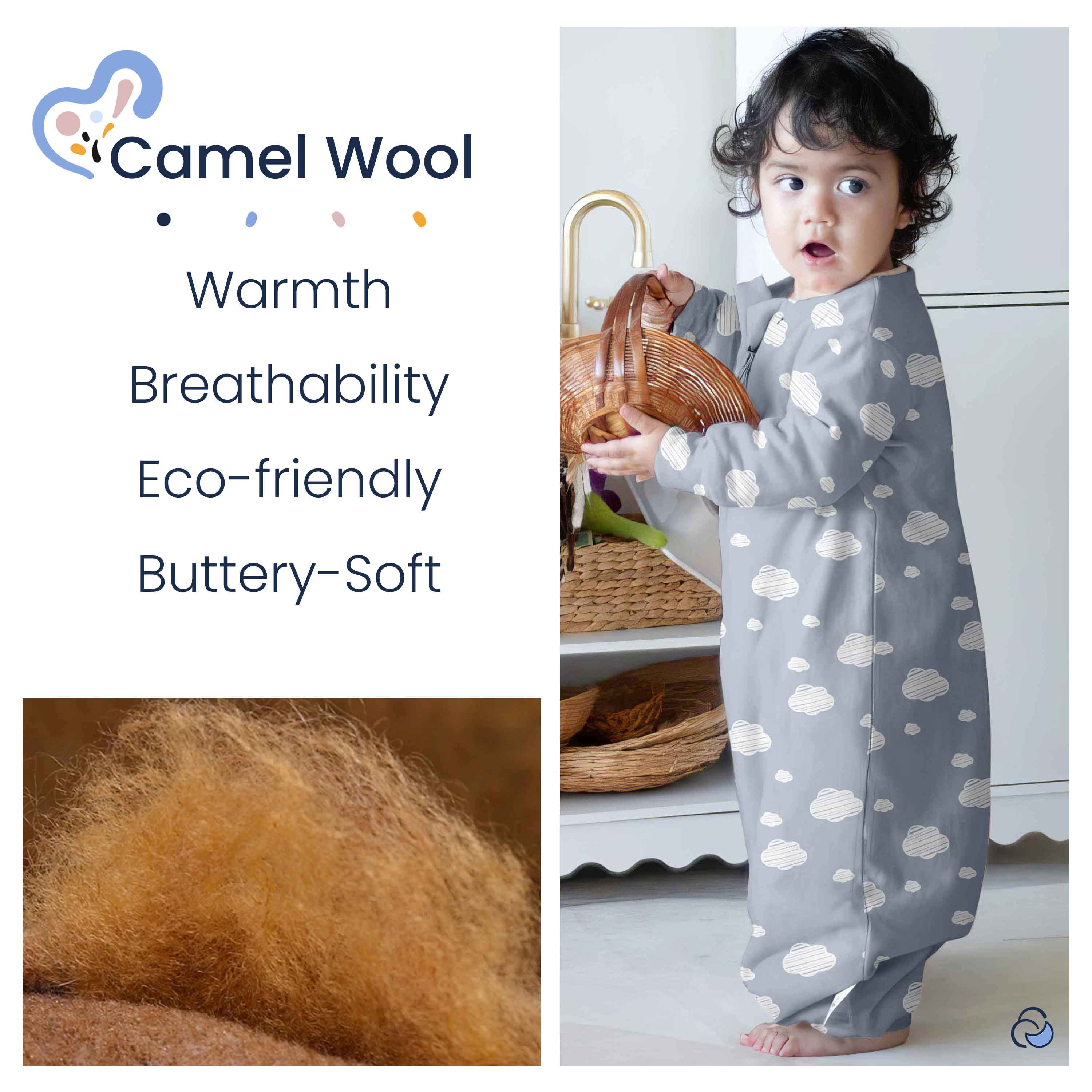 Organic Cotton & Camel Wool Warm Long Sleeve Sleep Sack Walker 2.5 TOG - Blue Sky