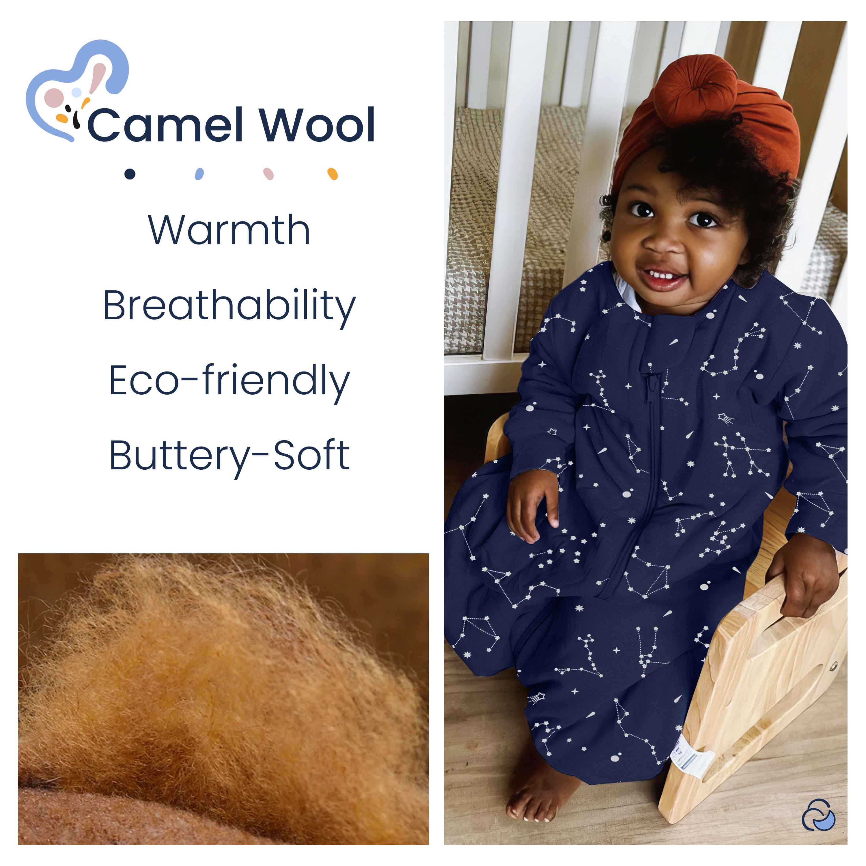 Organic Cotton & Camel Wool Winter Long Sleeve Sleeping Bag With Legs 3.5 TOG - Constellation