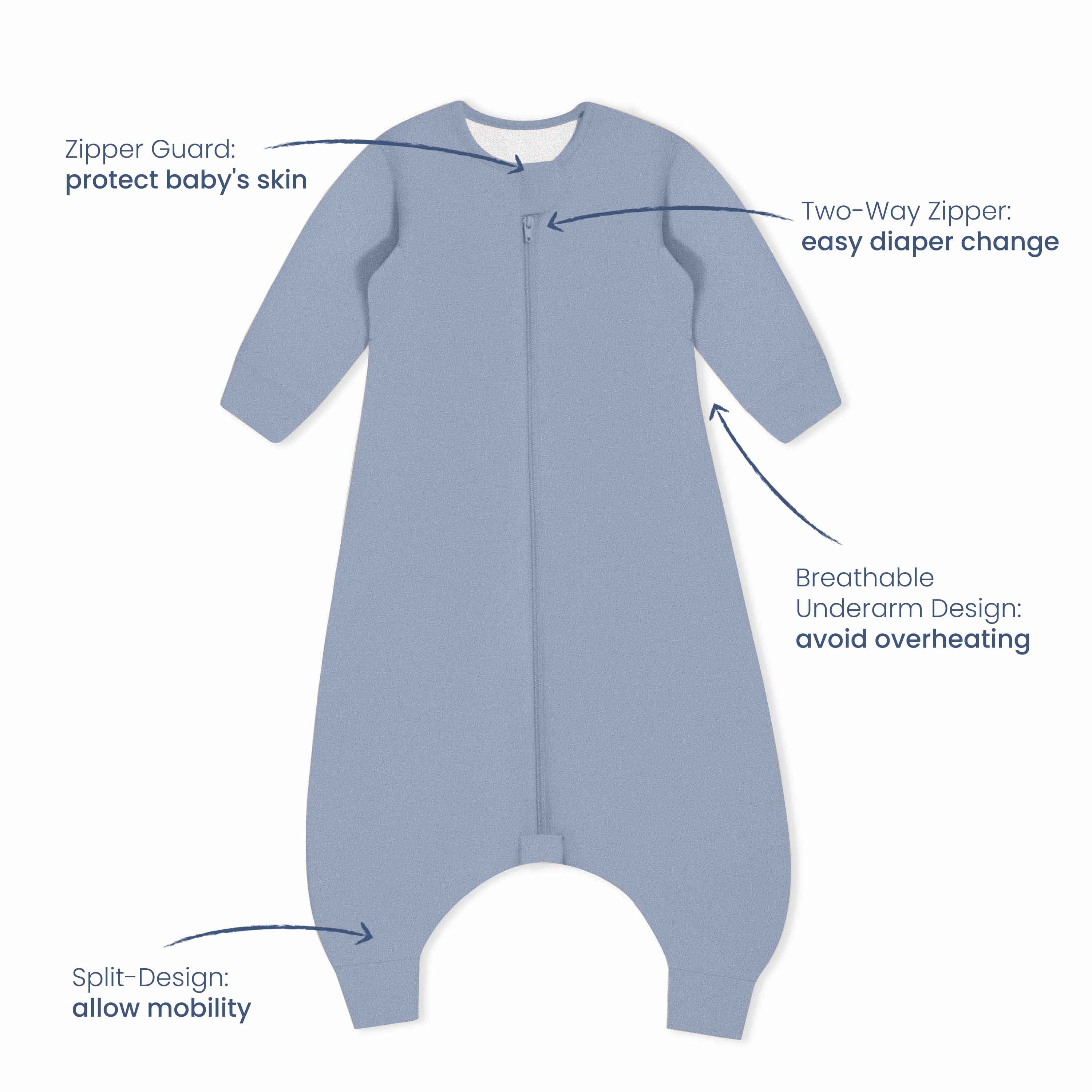 Winter Long Sleeve Sleep Sack Walker 3.5 TOG - Organic Cotton & Camel Wool - Misty Blue