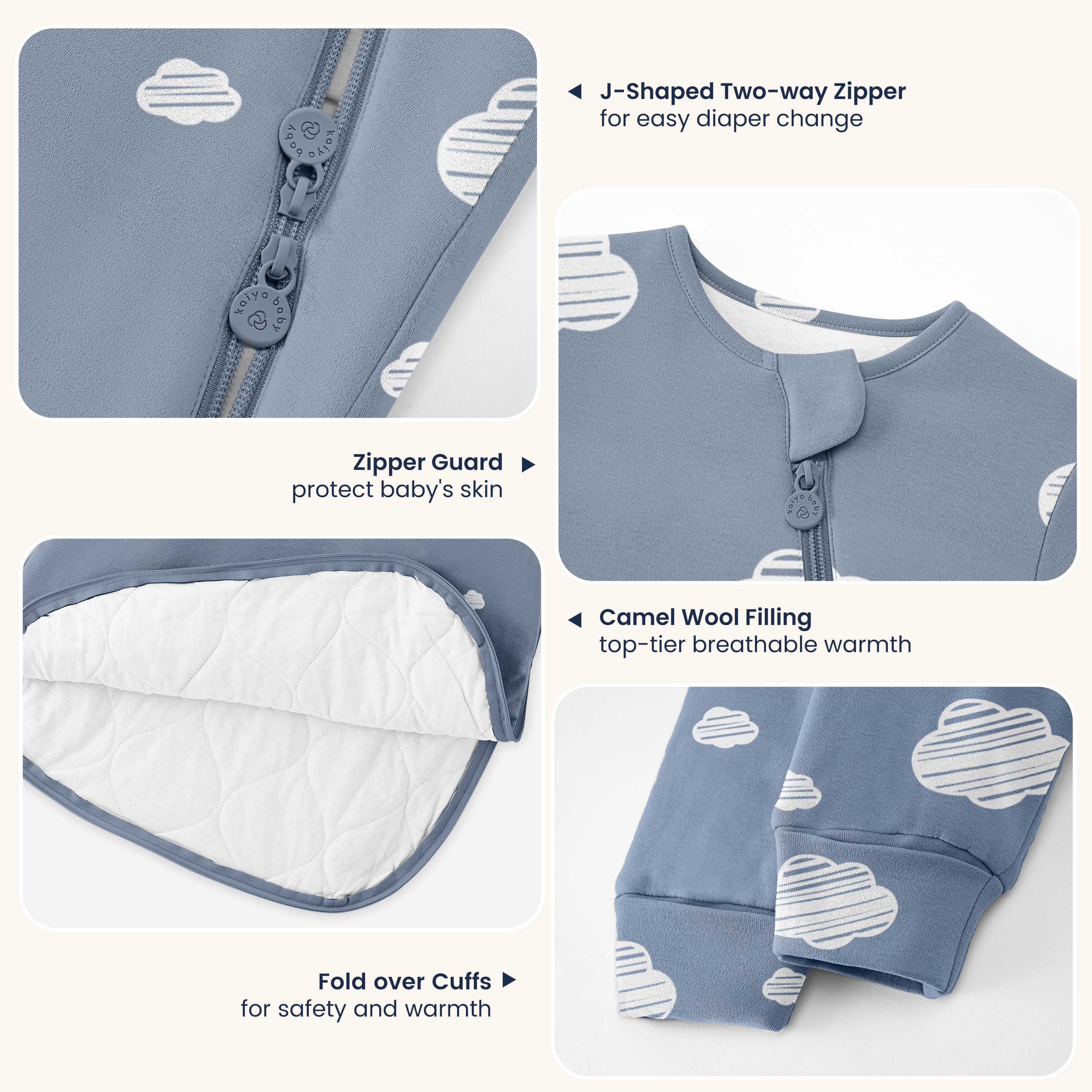 Winter Long Sleeve Sleep Sack 3.5 TOG - Organic Cotton & Camel Wool - Blue Sky - detail