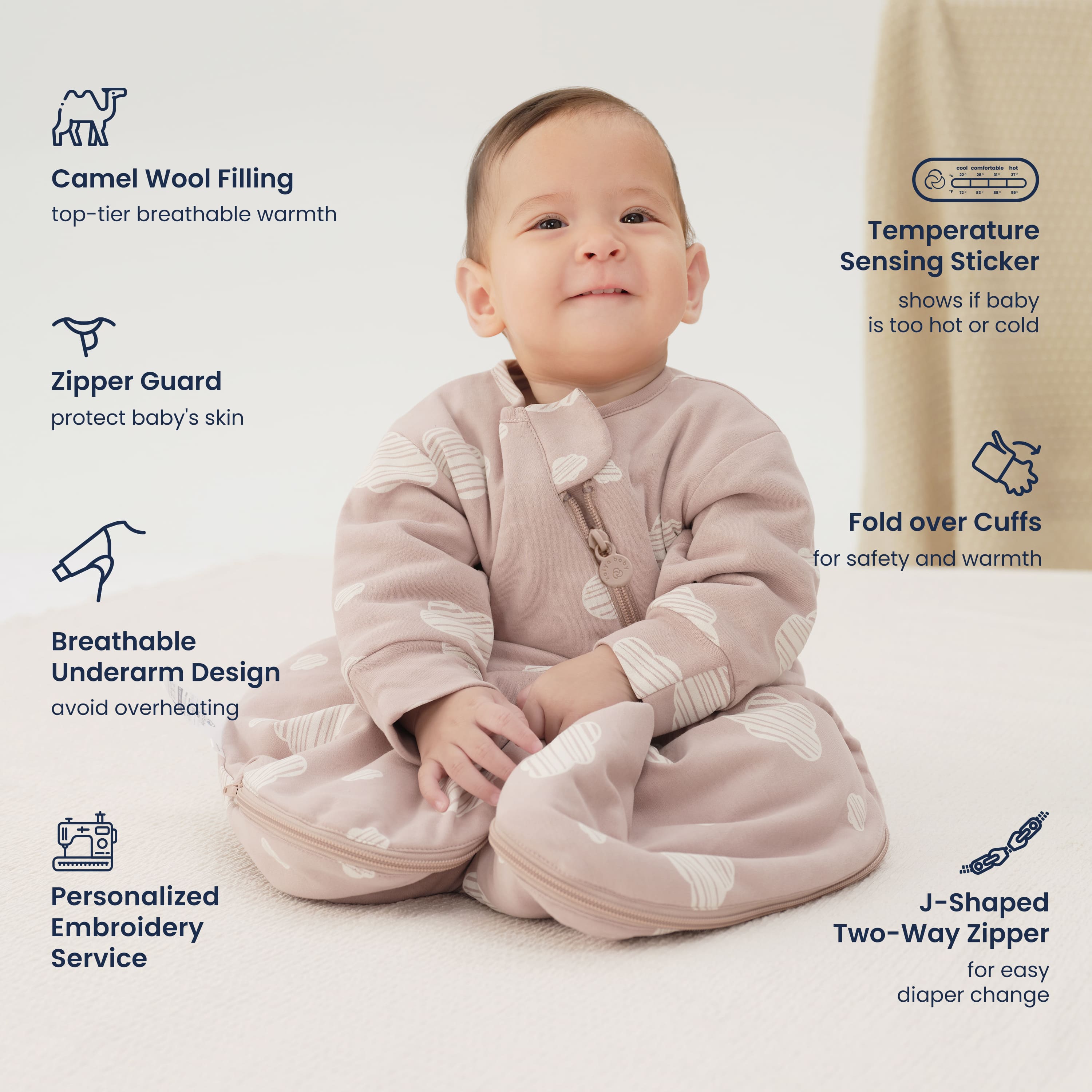 Winter Long Sleeve Sleep Sack 3.5 TOG - Organic Cotton & Camel Wool - Pink Sky - feature