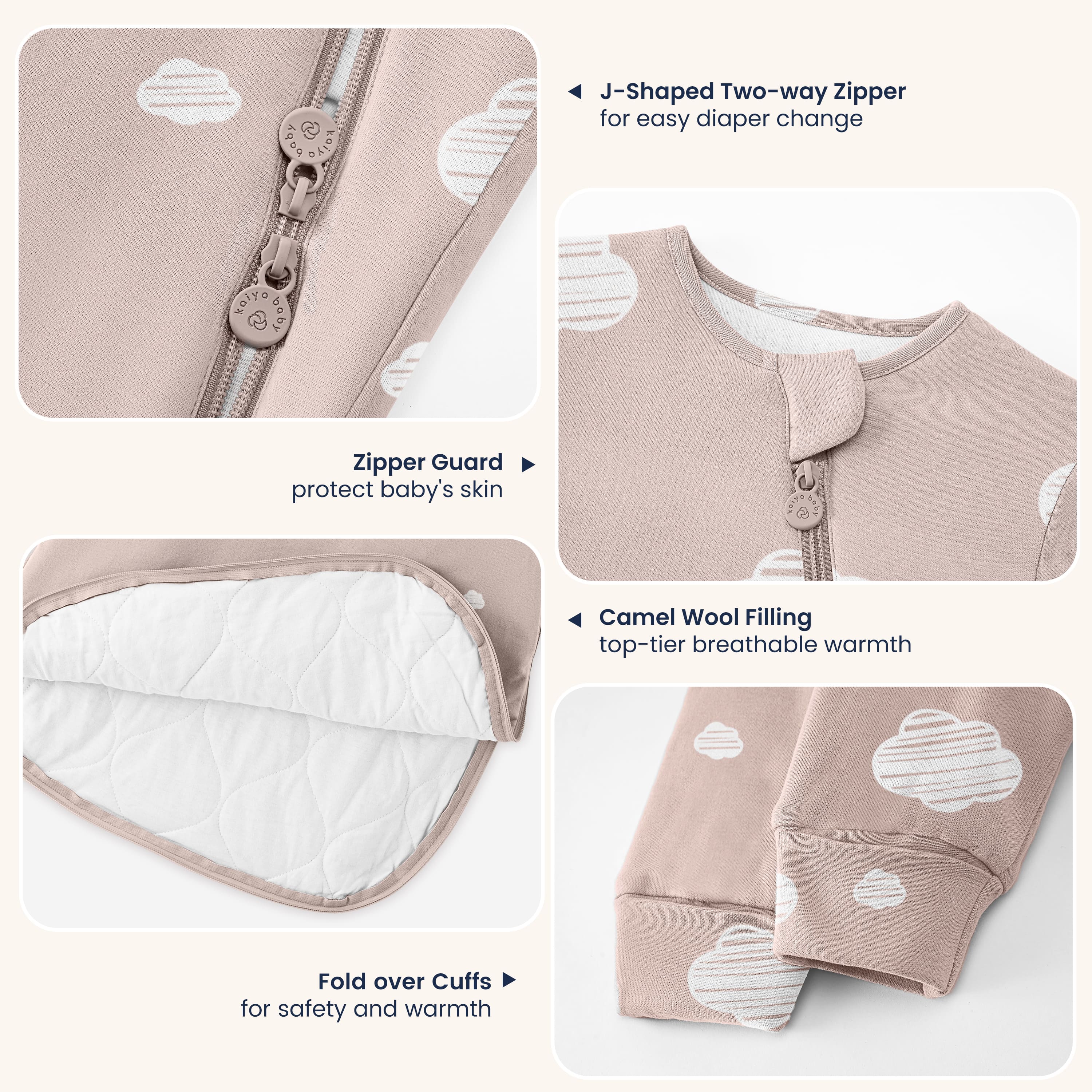 Winter Long Sleeve Sleep Sack 3.5 TOG - Organic Cotton & Camel Wool - Pink Sky - detail