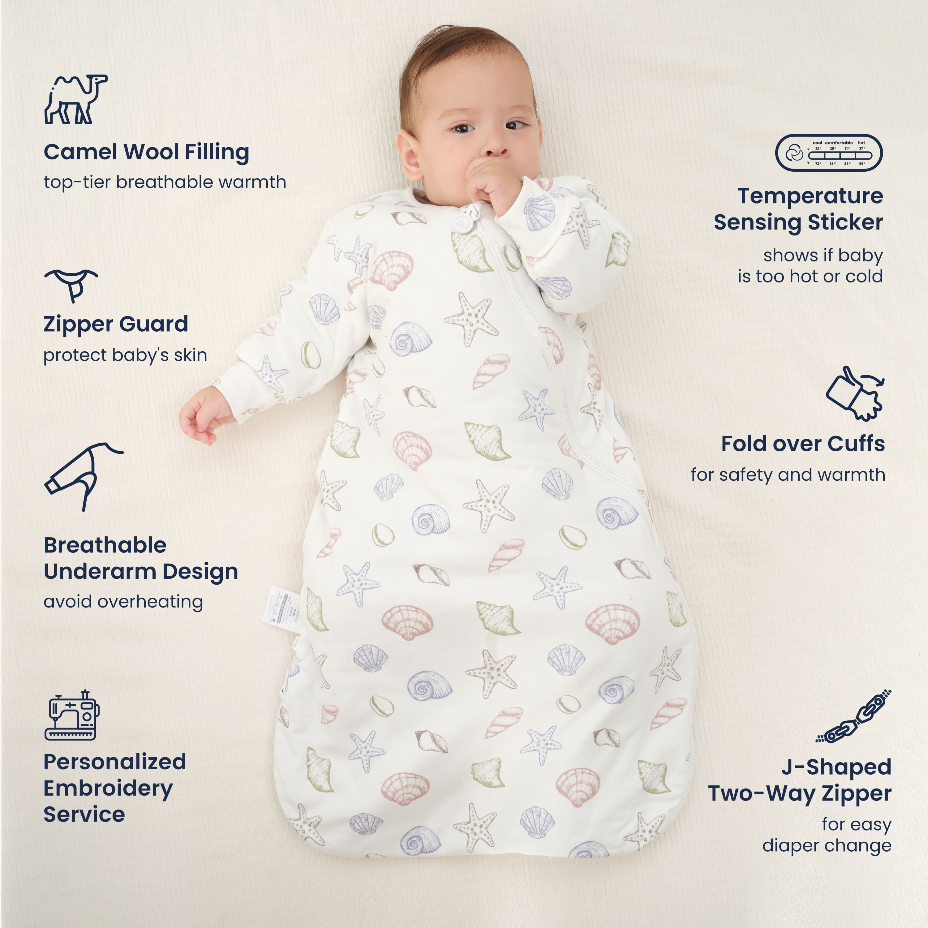 Winter Long Sleeve Sleep Sack 3.5 TOG - Organic Cotton & Camel Wool - Shell - feature