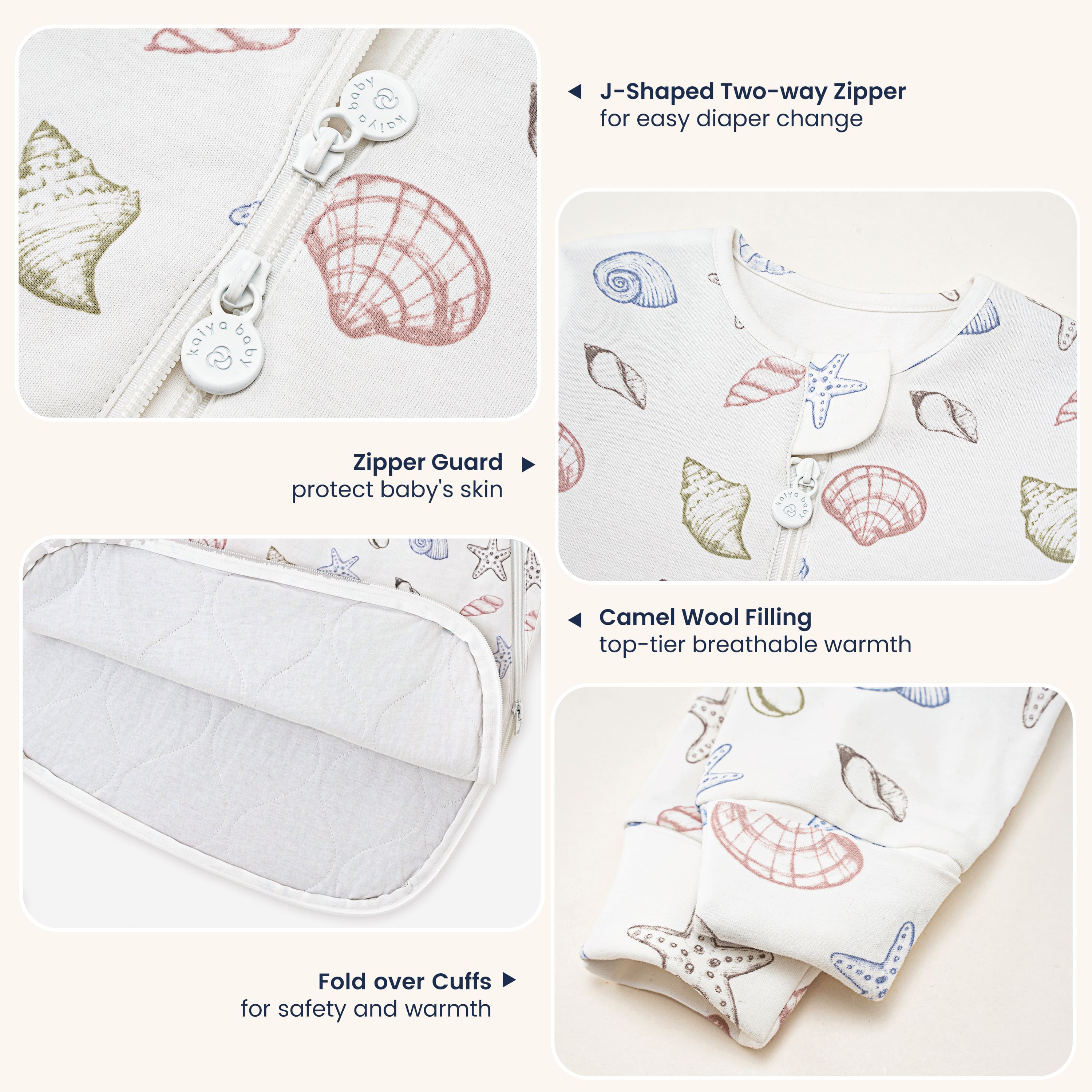 Winter Long Sleeve Sleep Sack 3.5 TOG - Organic Cotton & Camel Wool - Shell - detail