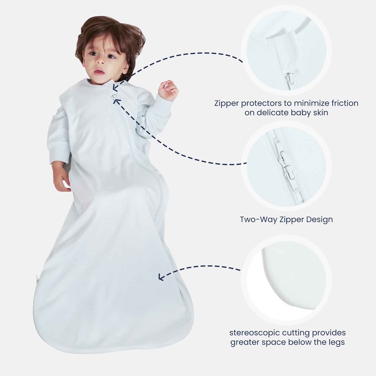All Season Long Sleeve Sleep Sack 1.0 TOG - Organic Cotton & Camel Wool - Baby Blue