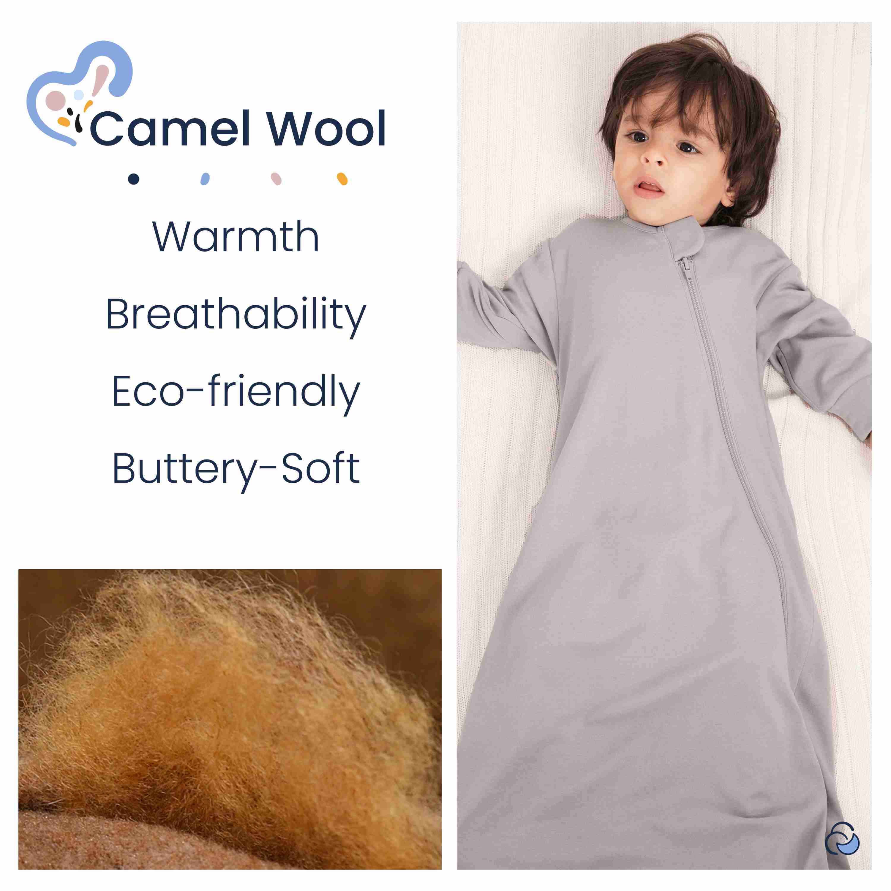 All Season Long Sleeve Sleep Sack 1.0 TOG - Organic Cotton & Camel Wool - Stone Gray