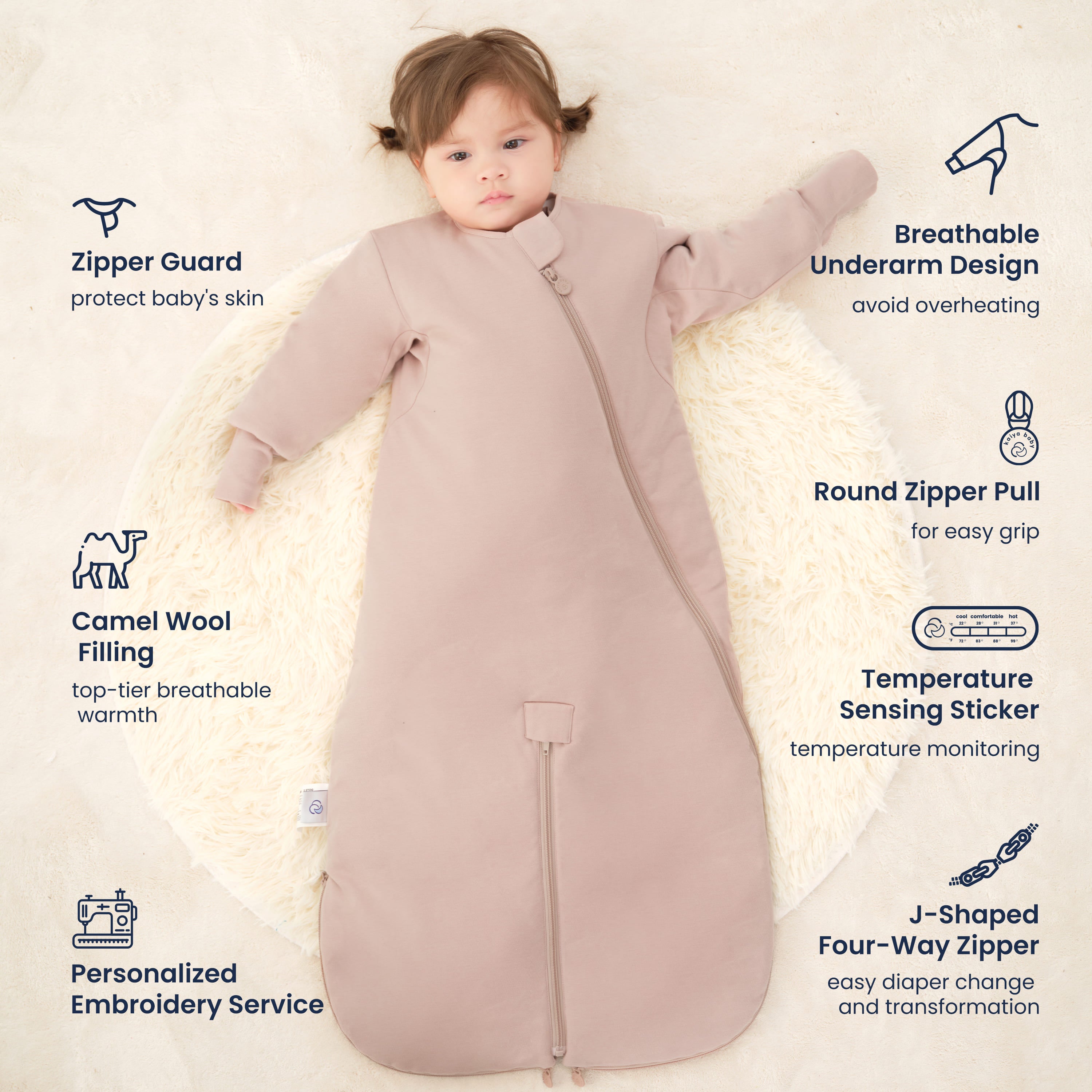 Sleep Suit Sack 3-in-1 2.5 TOG - Organic Cotton & Camel Wool - Dusty Pink Feature