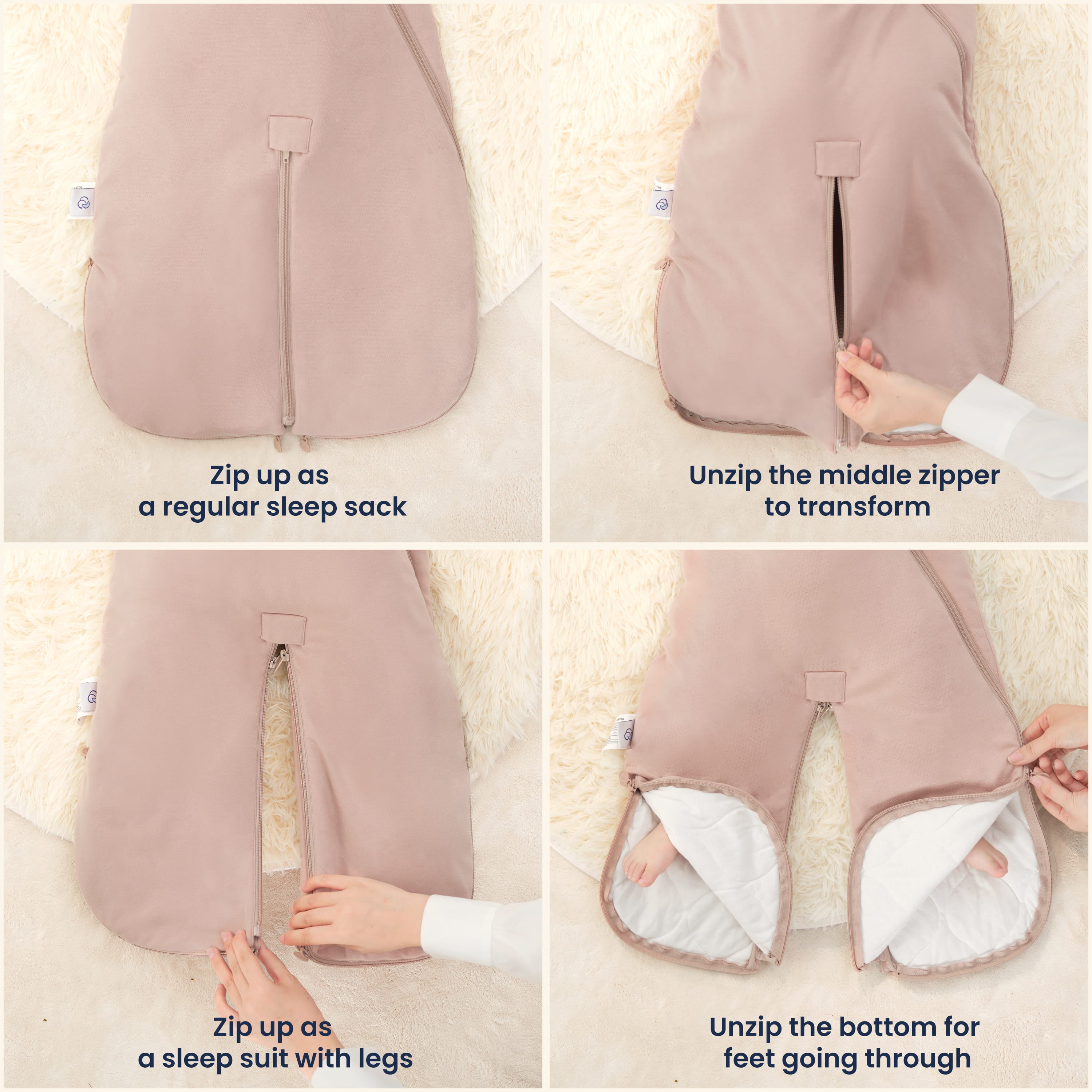 Sleep Suit Sack 3-in-1 2.5 TOG - Organic Cotton & Camel Wool - Dusty Pink Detail