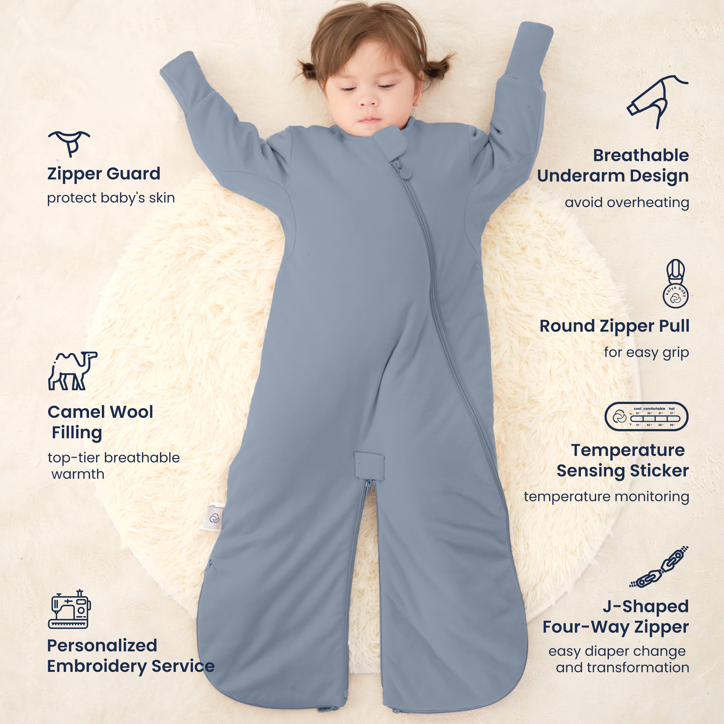 Sleep Suit Sack 3-in-1 2.5 TOG - Organic Cotton & Camel Wool - Misty Blue Feature
