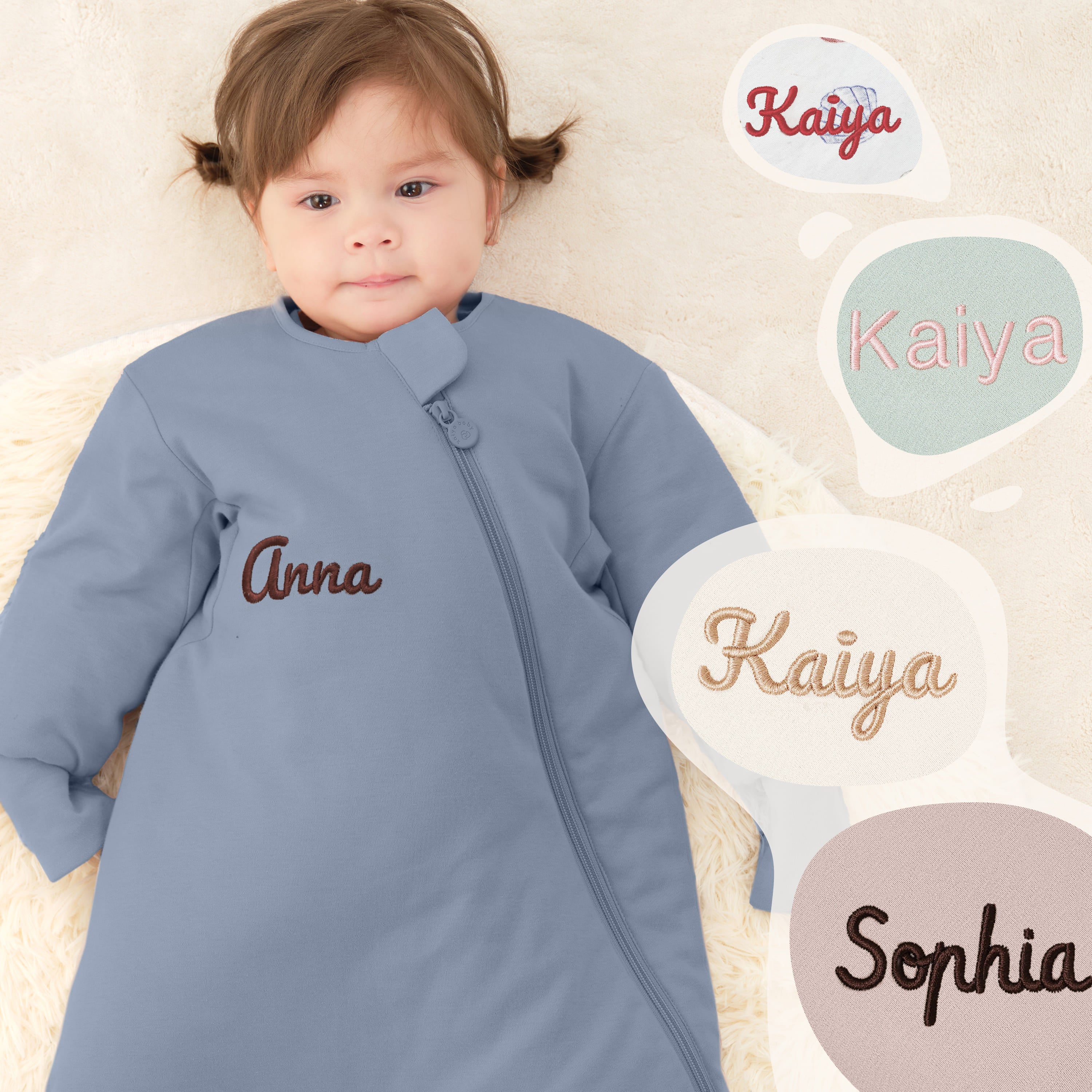 Sleep Suit Sack 3-in-1 2.5 TOG - Organic Cotton & Camel Wool - Misty Blue Embroidery