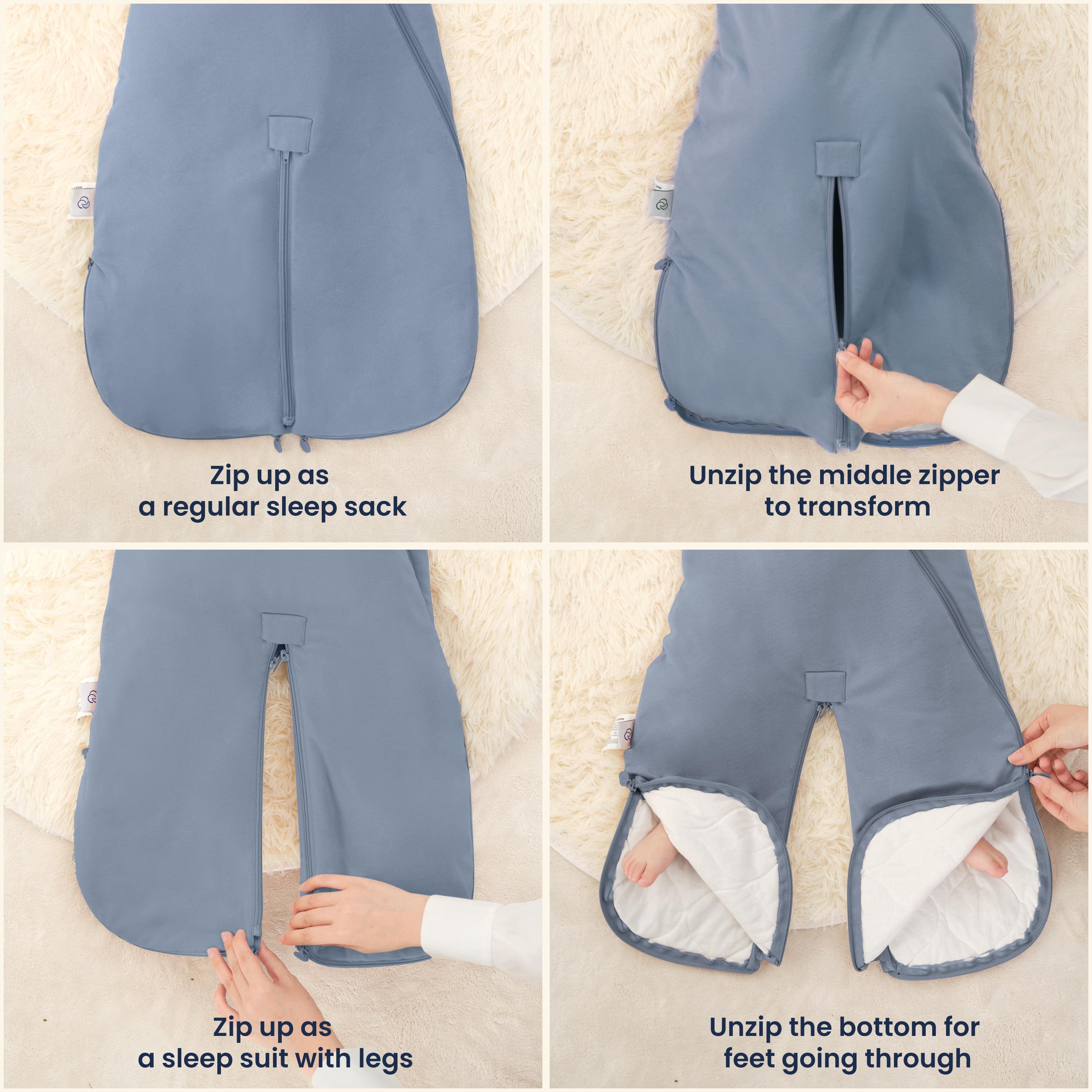 Sleep Suit Sack 3-in-1 2.5 TOG - Organic Cotton & Camel Wool - Misty Blue Detail