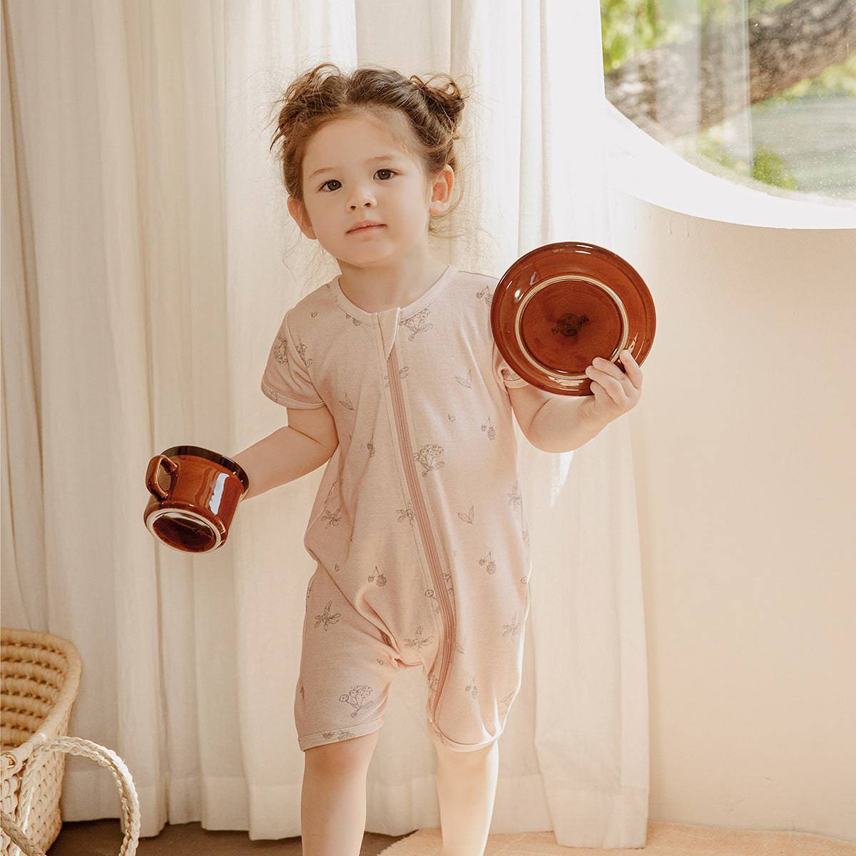 Organic Half Sleeves Zip Wrap Romper - Bacca Pink