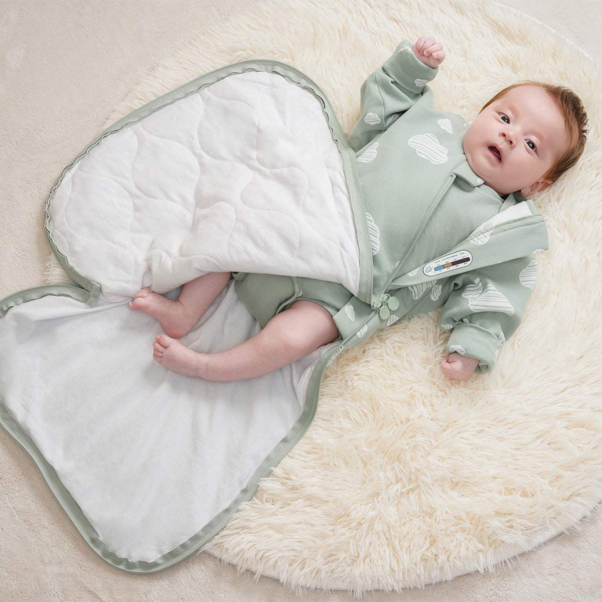 Long Sleeve Sleep Sack 1.0 TOG Organic Cotton & Camel Wool +Baby Bodysuit Long Sleeve - Merino Wool & Rayon Bamboo  Set - Green Sky