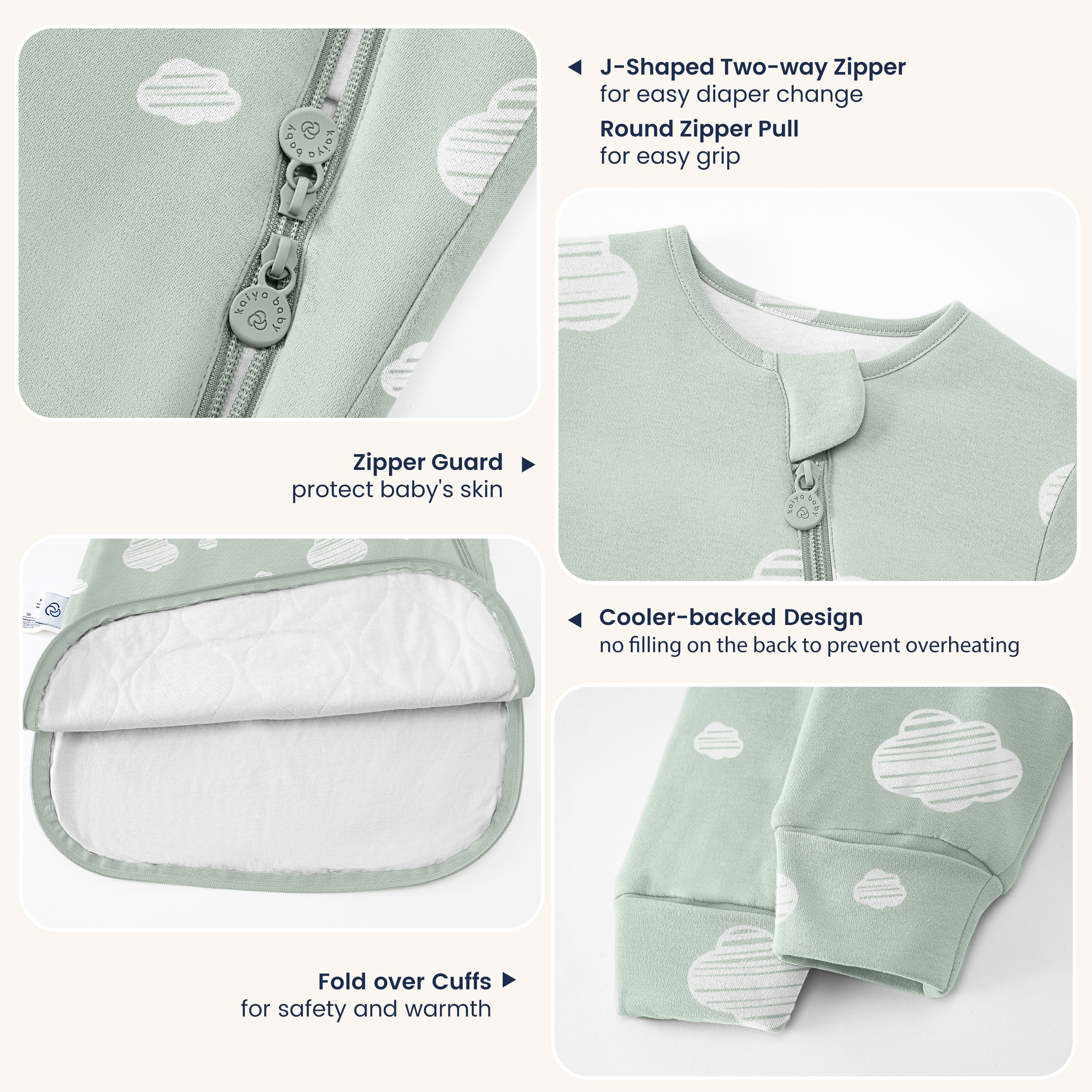 All Season Long Sleeve Sleep Sack  1.0 TOG - Organic Cotton & Camel Wool+ClimaCuddle™ Zipped Baby Romper Green
