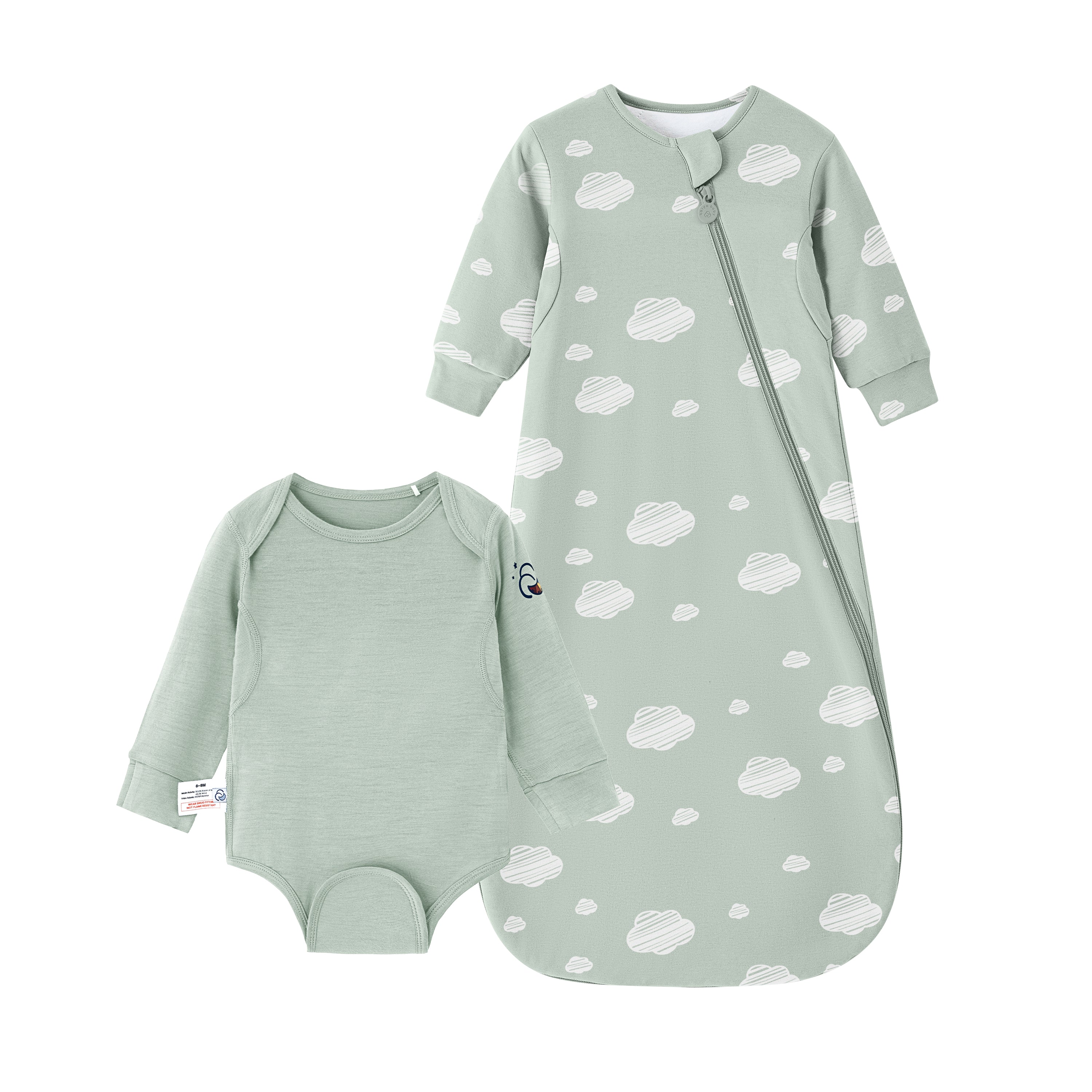 Long Sleeve Sleep Sack 1.0 TOG Organic Cotton & Camel Wool +Baby Bodysuit Long Sleeve - Merino Wool & Rayon Bamboo  Set - Green Sky