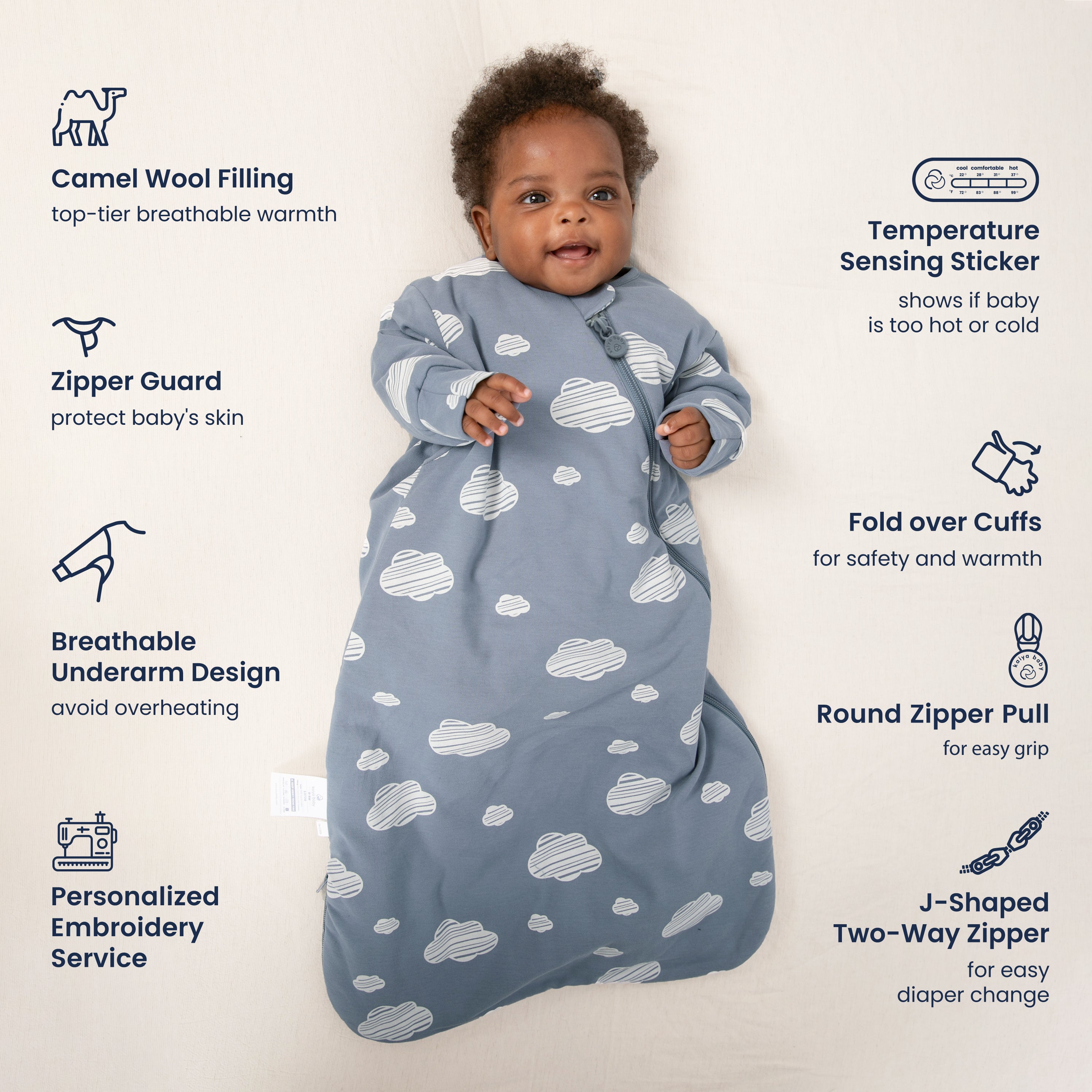 Warm Long Sleeve Sleep Sack 2.5 TOG - Organic Cotton & Camel Wool - Blue Sky