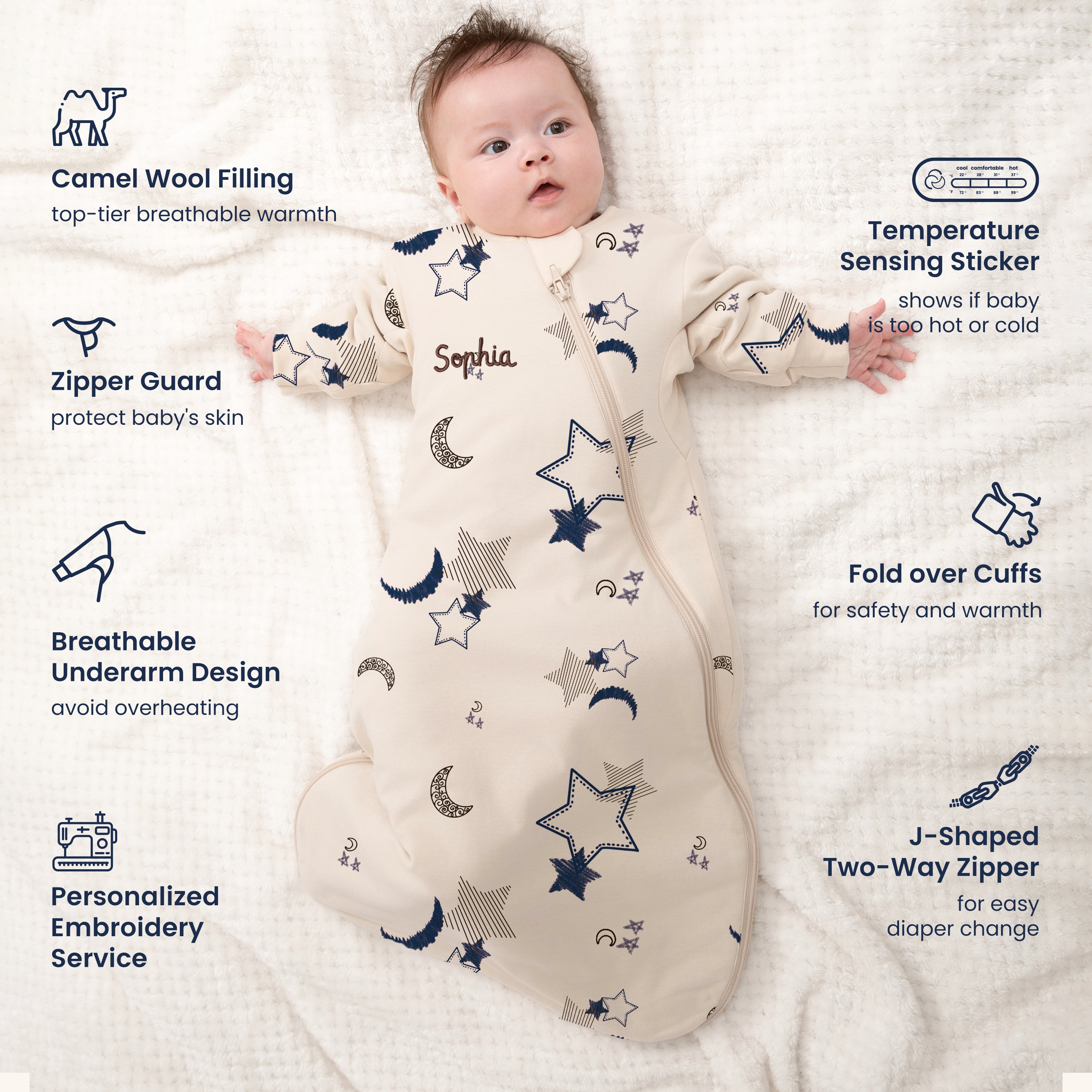 Warm Long Sleeve Sleep Sack 2.5 TOG - Organic Cotton & Camel Wool - Moonlit